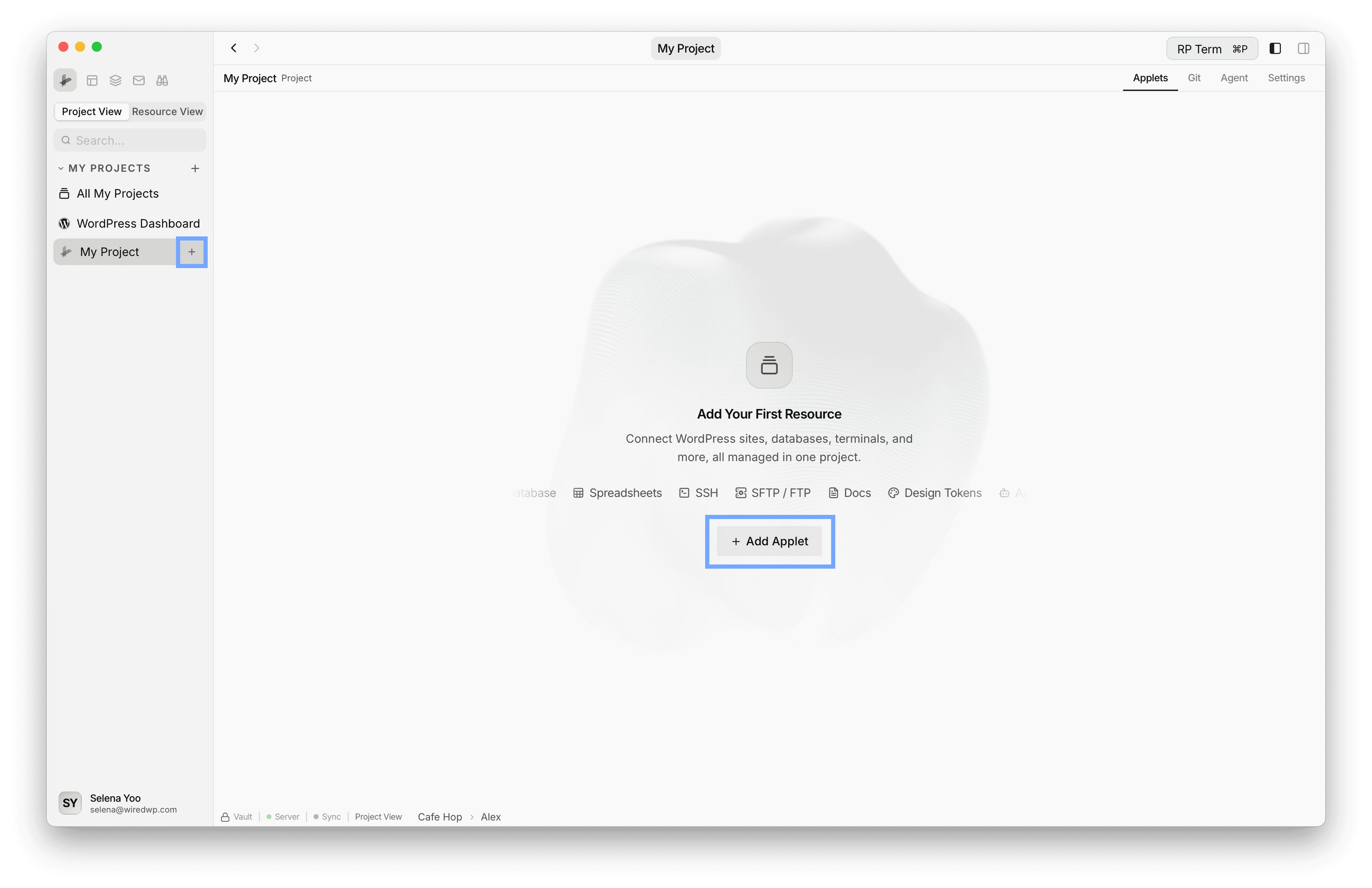 Empty project with Add Applet button and sidebar plus icon highlighted