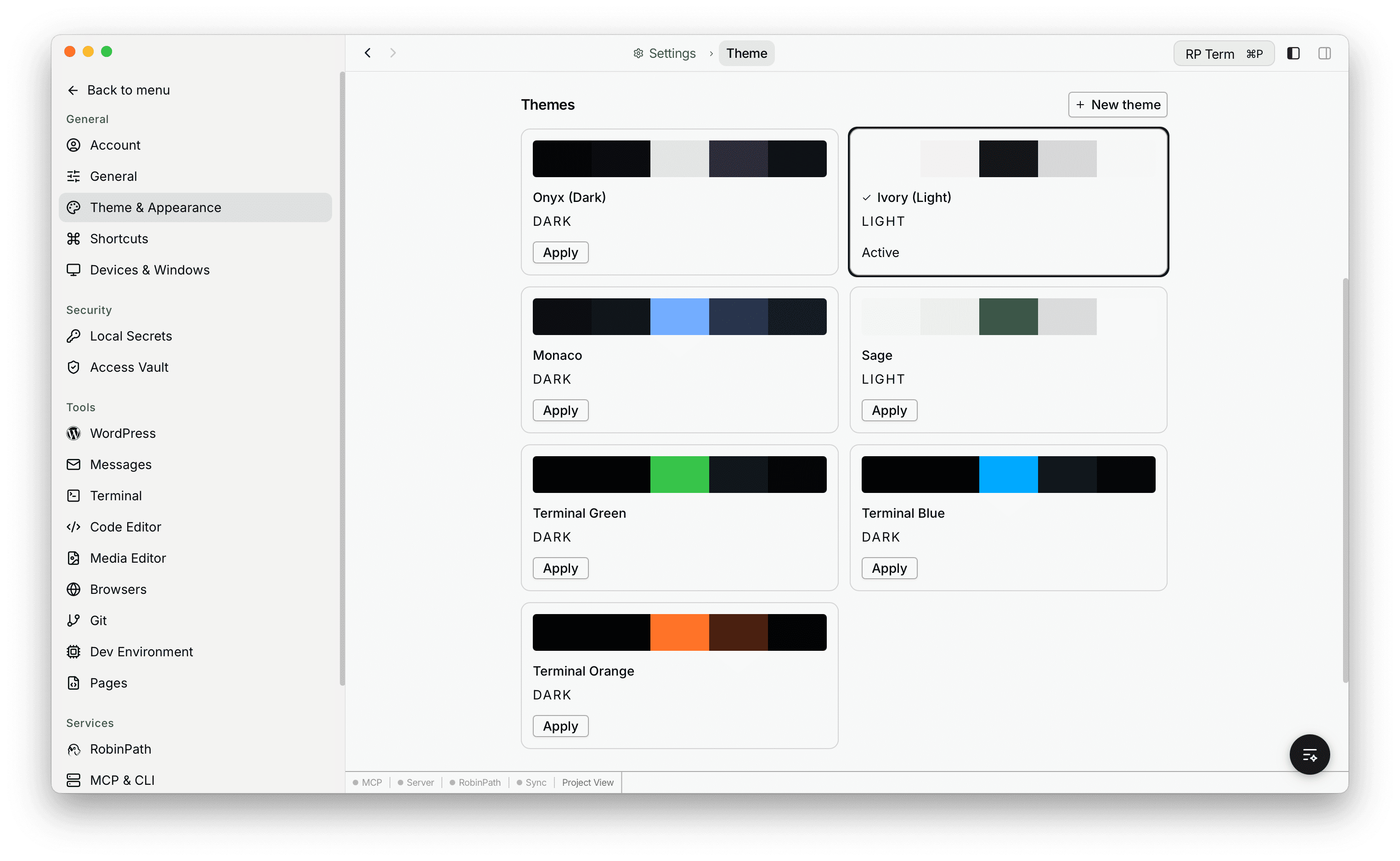 Theme gallery showing seven built-in themes with color preview bars, mode badges, and an Apply button on each card