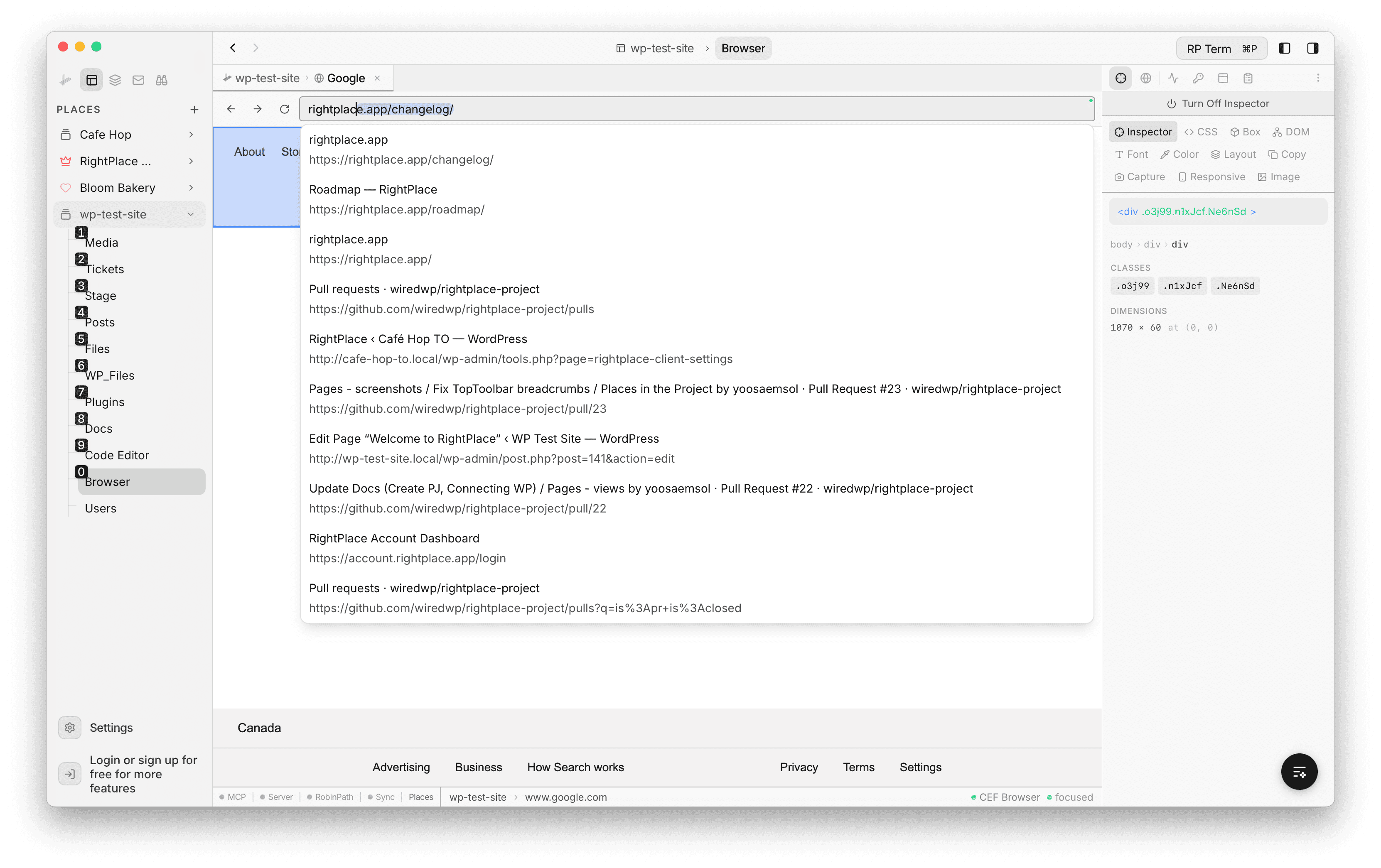 Address bar with rightplace.app/changelog typed, showing a ghost hint completion and a dropdown of browsing history suggestions including rightplace.app, Roadmap, GitHub pull requests, and WordPress admin pages
