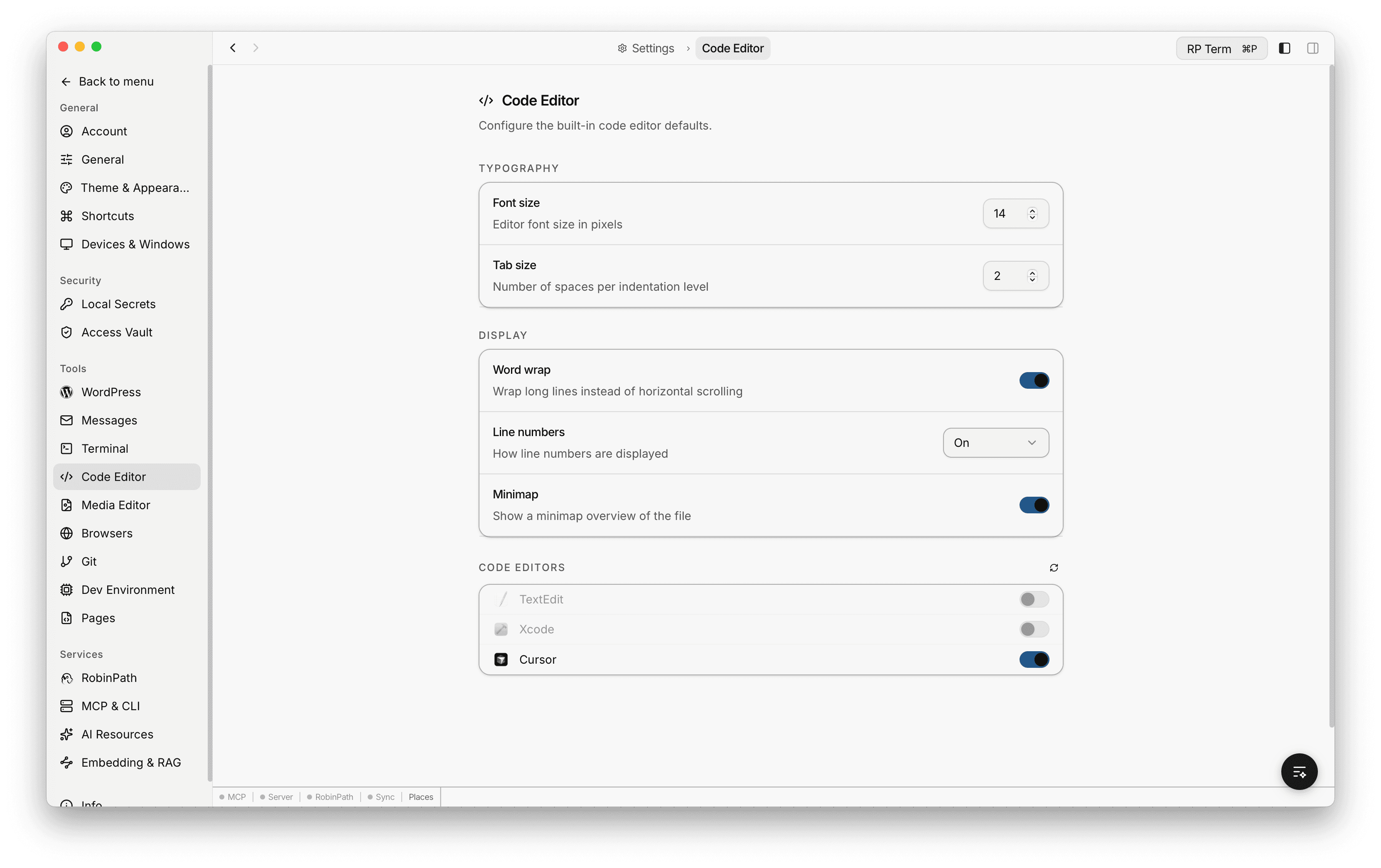 Code Editor settings page showing Typography options (font size, tab size), Display toggles (word wrap, line numbers, minimap), and detected system code editors (TextEdit, Xcode, Cursor)