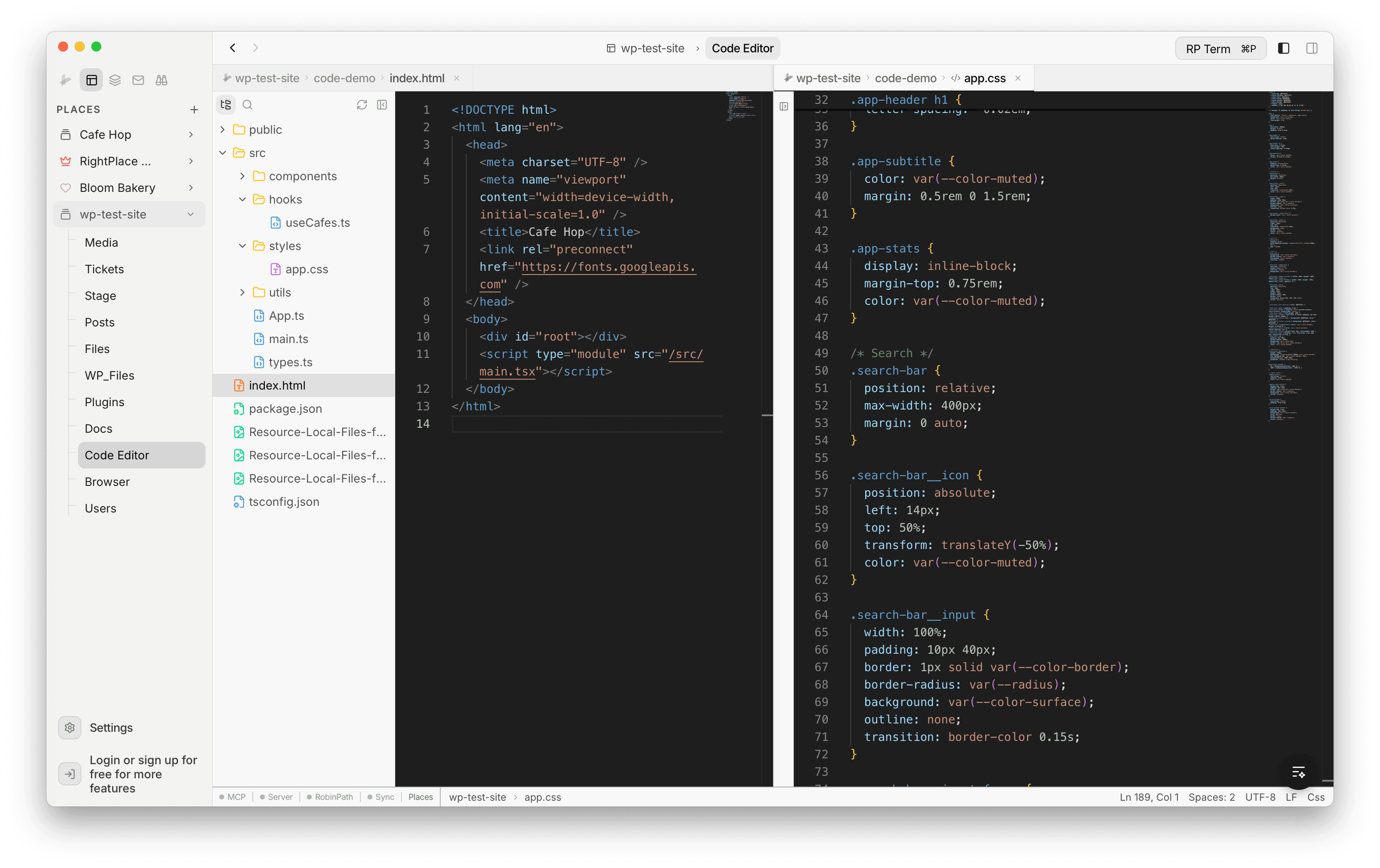 Split pane view showing two files open simultaneously - index.html on the left and app.css on the right - with independent file tabs and scroll positions