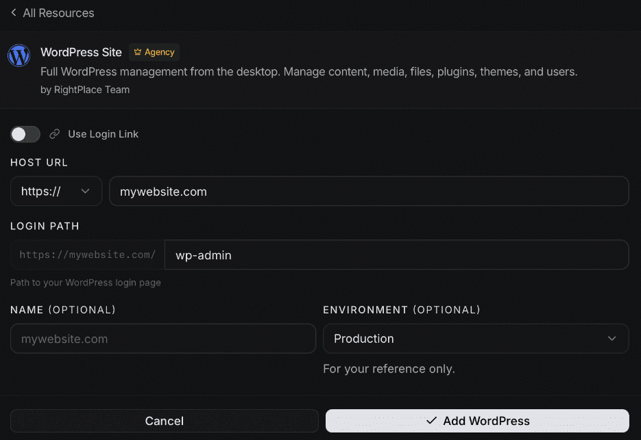 WordPress site form with host URL, login path, name, and environment fields