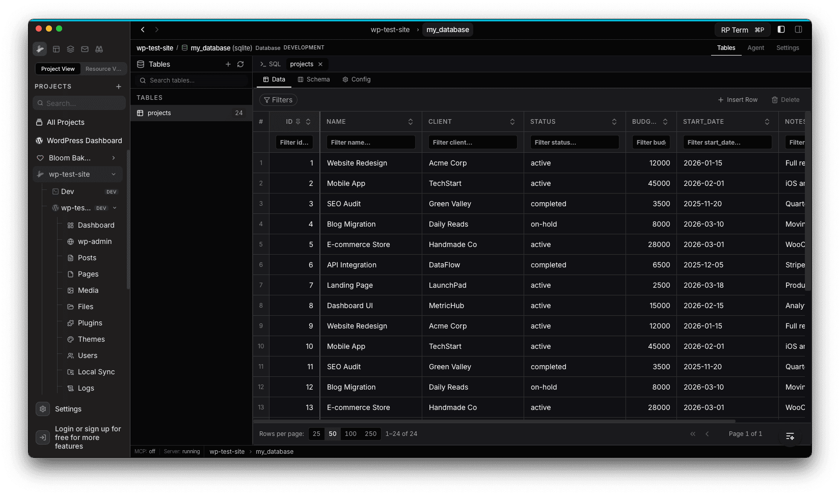 Table data view showing a projects table with columns for id, name, client, status, budget, start_date, and notes, with sortable headers, per-column filters, pagination, and row controls