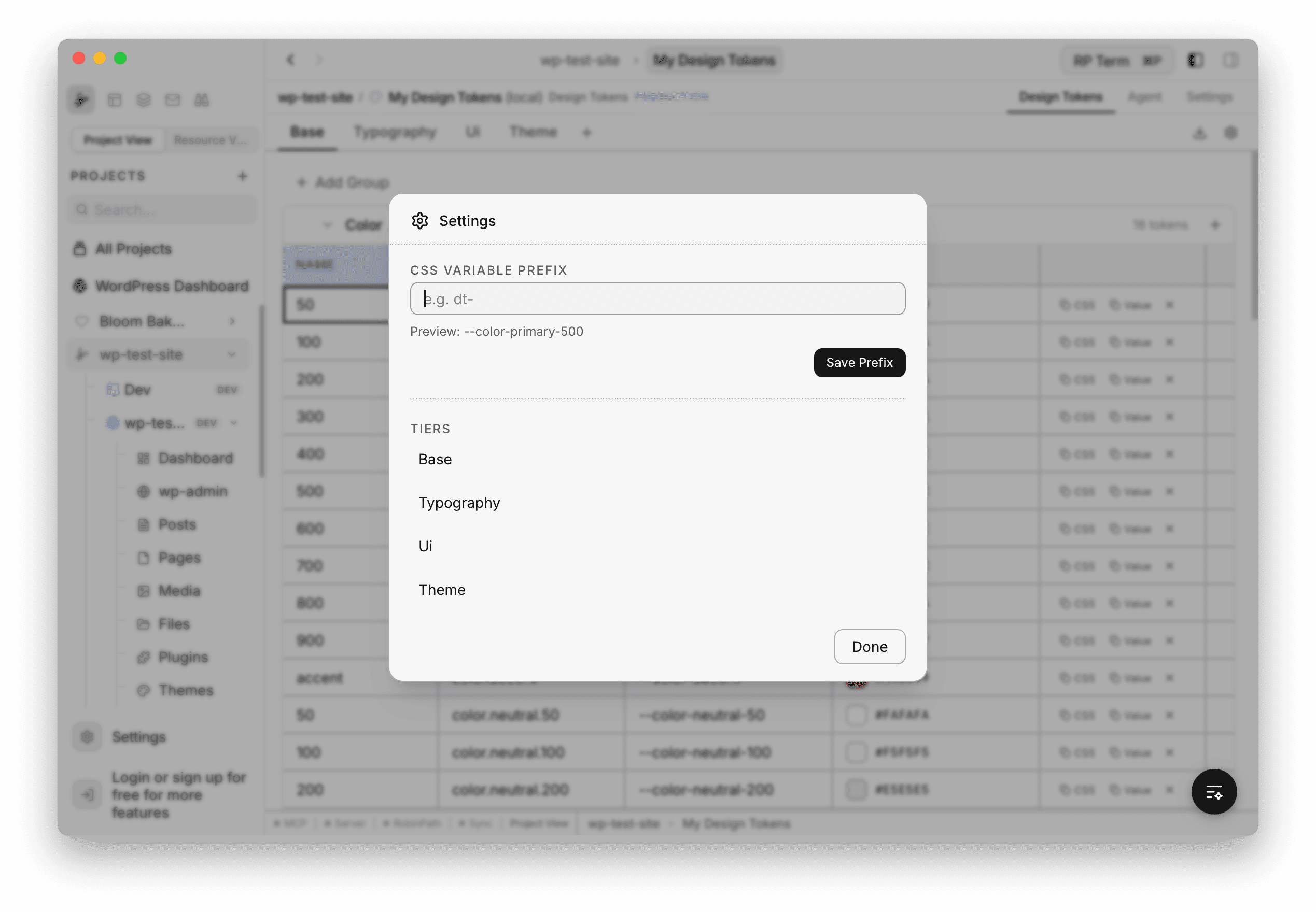Settings modal showing CSS Variable Prefix input with a preview of the generated variable name, and a list of all tiers: Base, Typography, Ui, Theme