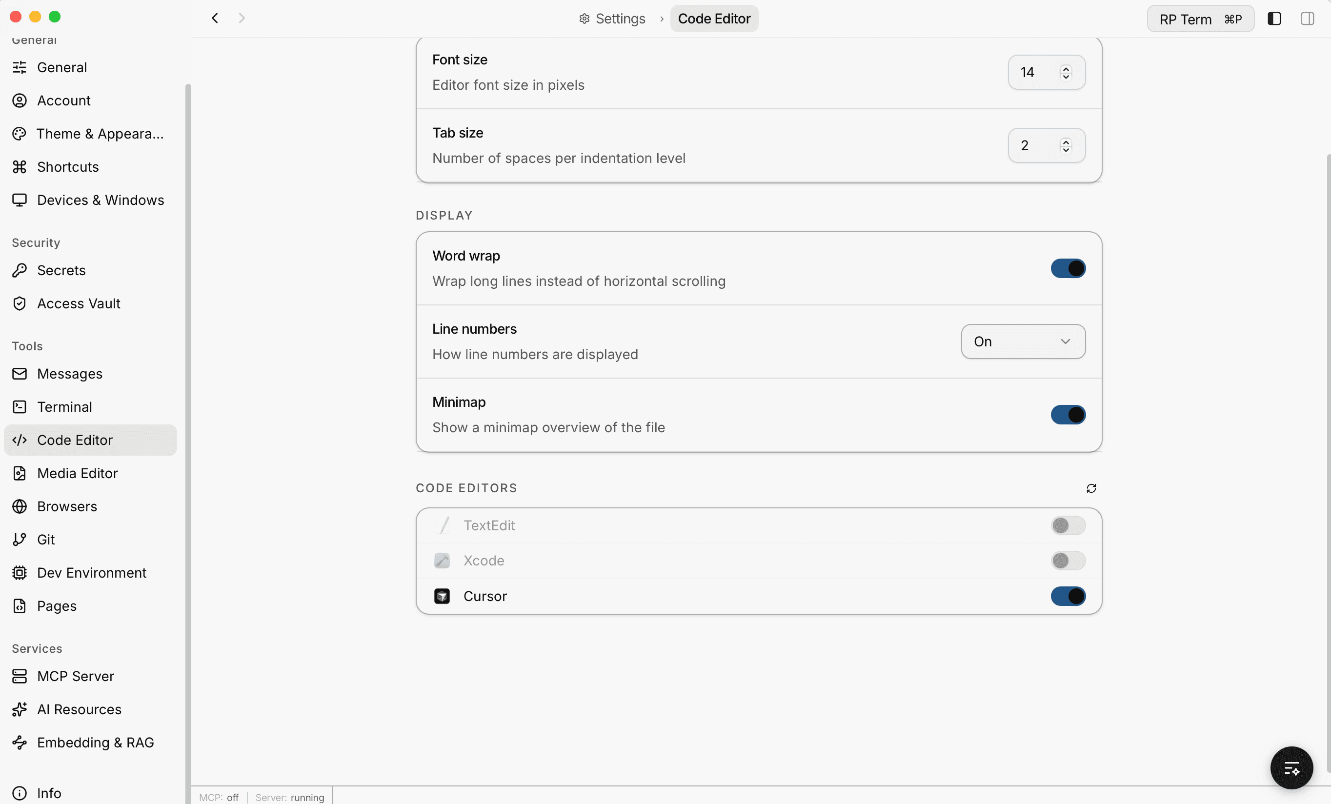 Code Editor settings showing font size, tab size, word wrap, line numbers, minimap, and external editor selection