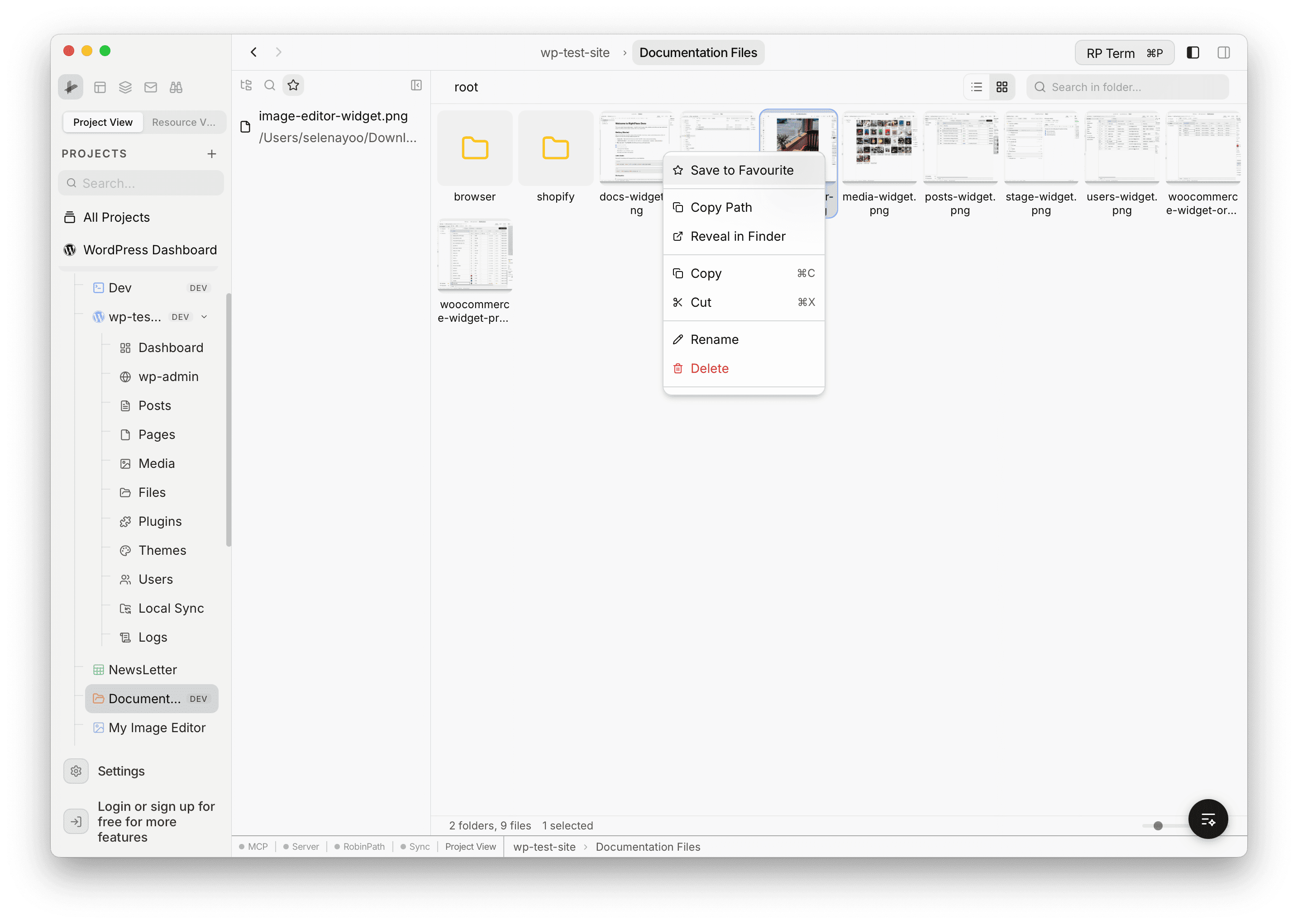 Context menu on a file showing Save to Favourite, Copy Path, Reveal in Finder, Copy, Cut, Rename, and Delete