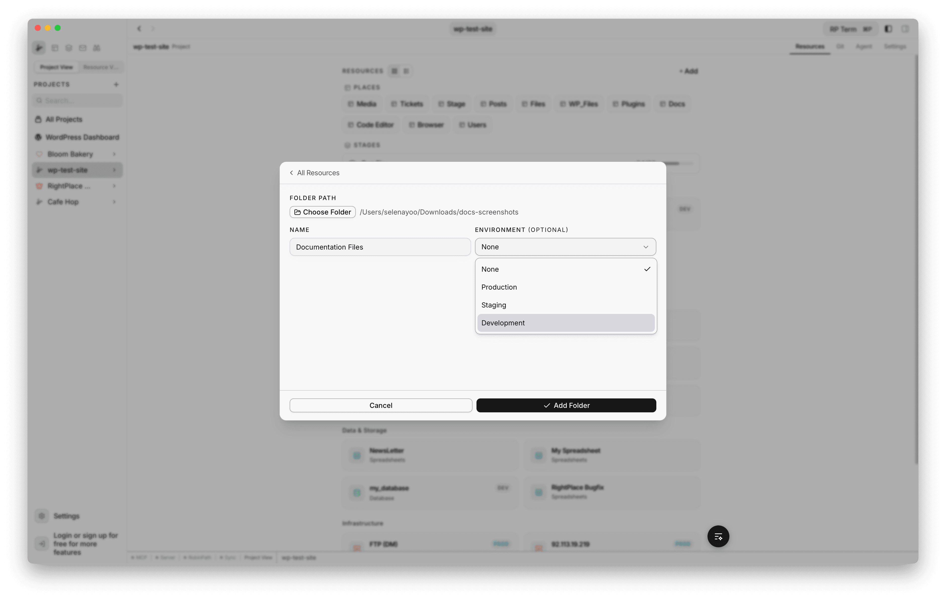 Local Folder creation form with folder path, name field, and environment dropdown showing all four options