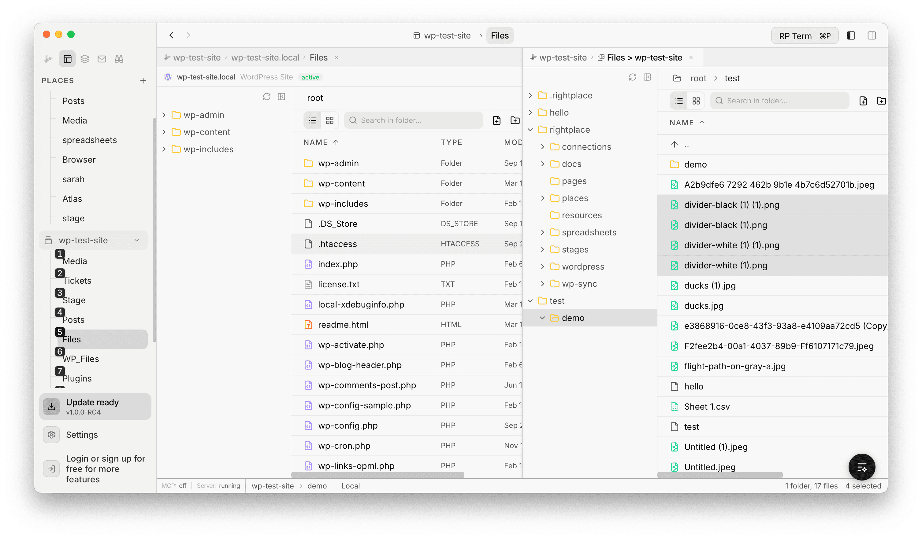Two Files panes open side by side, one showing the WordPress root directory and another browsing a RightPlace folder with images and documents