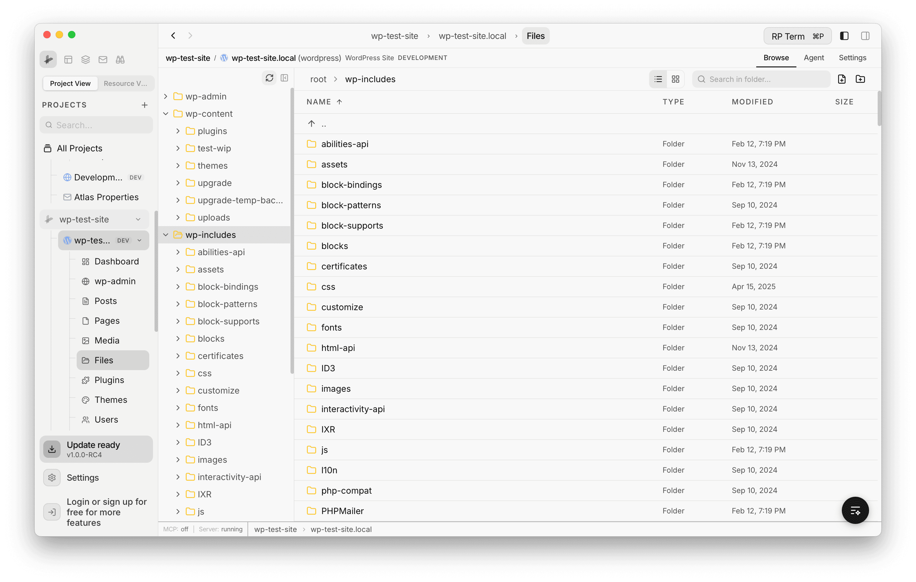Files view showing the WordPress directory tree on the left and file listing for wp-includes with Name, Type, Modified, and Size columns