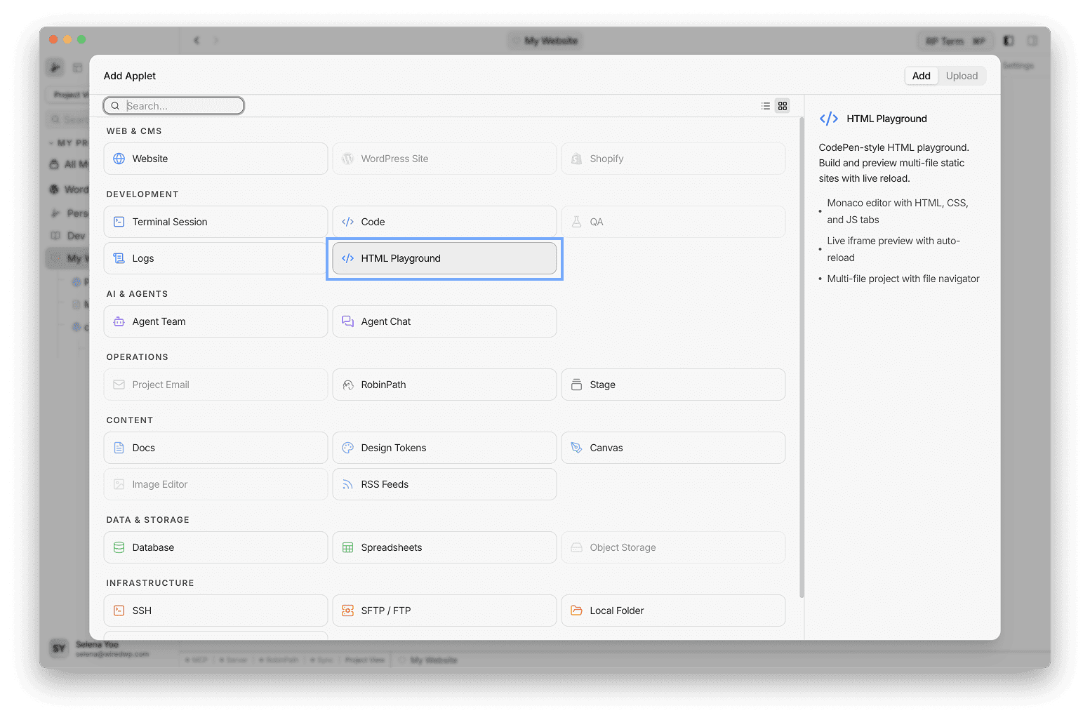 Add Resource dialog showing HTML Playground selected under Development, with name and environment fields in the create form