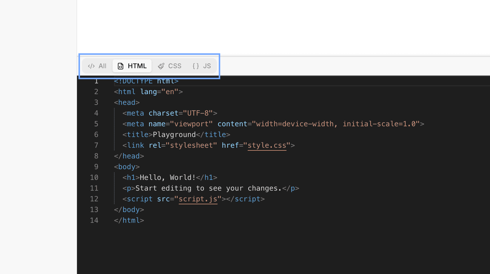 Editor tabs showing All, HTML, CSS, and JS modes with the All mode split into three columns