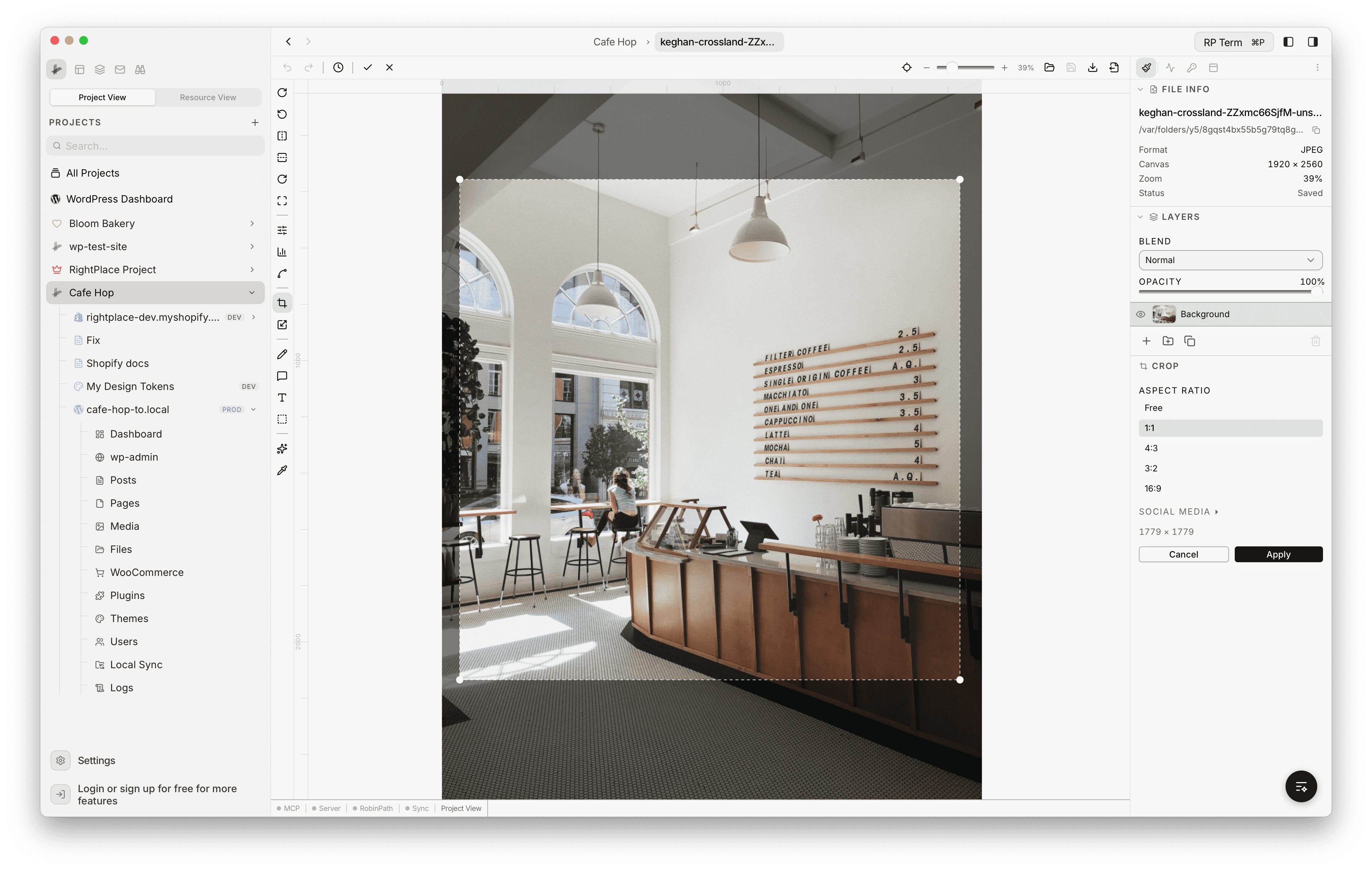 Crop tool active with a dashed selection overlay on the image and resize handles at the corners. The right panel shows Aspect Ratio options - Free, 1:1 (selected), 4:3, 3:2, 16:9 - a collapsed Social Media section, current dimensions 1779 x 1779, and Cancel and Apply buttons.