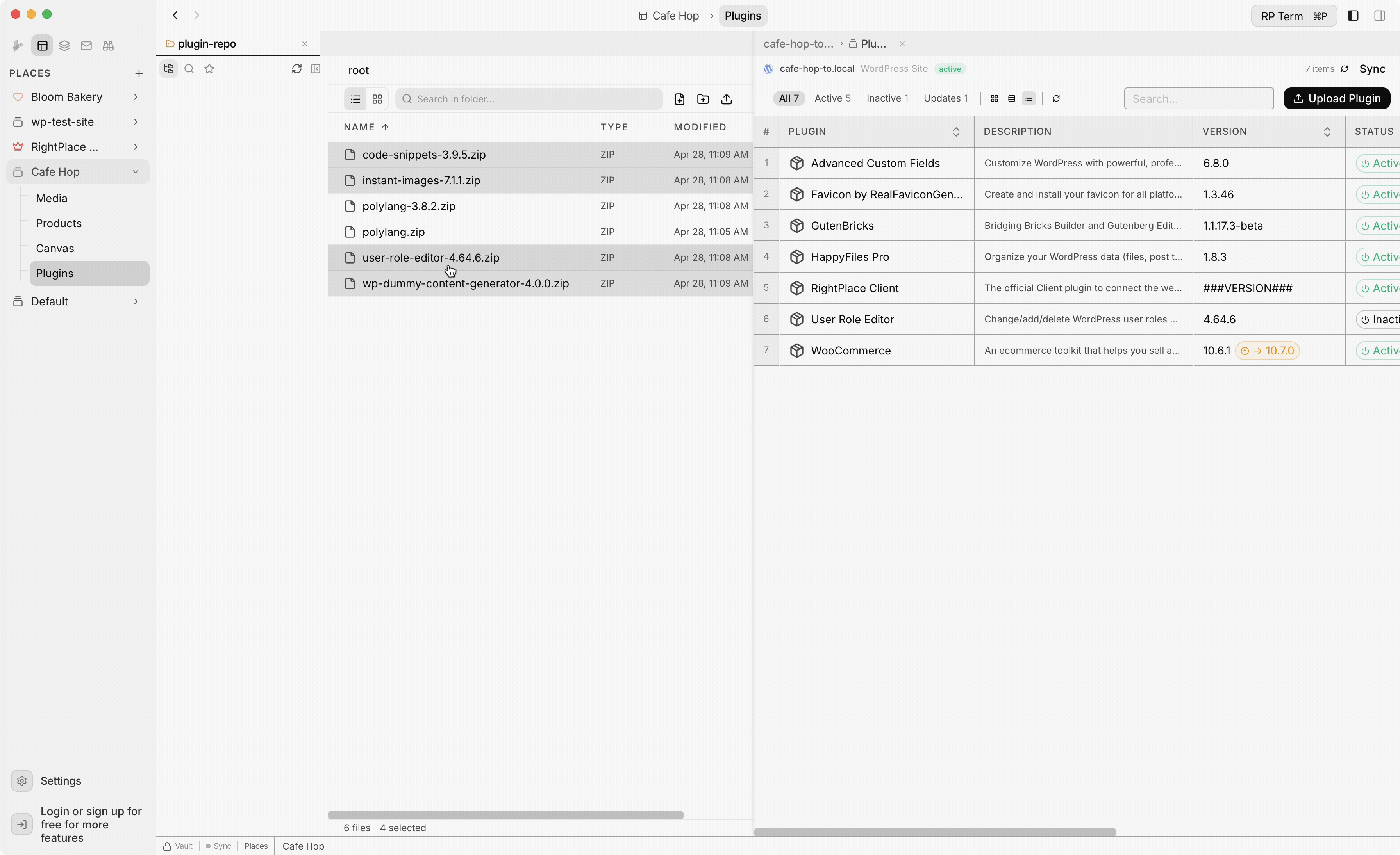 Dragging plugin ZIP files from the local folder to the WordPress Plugins panel