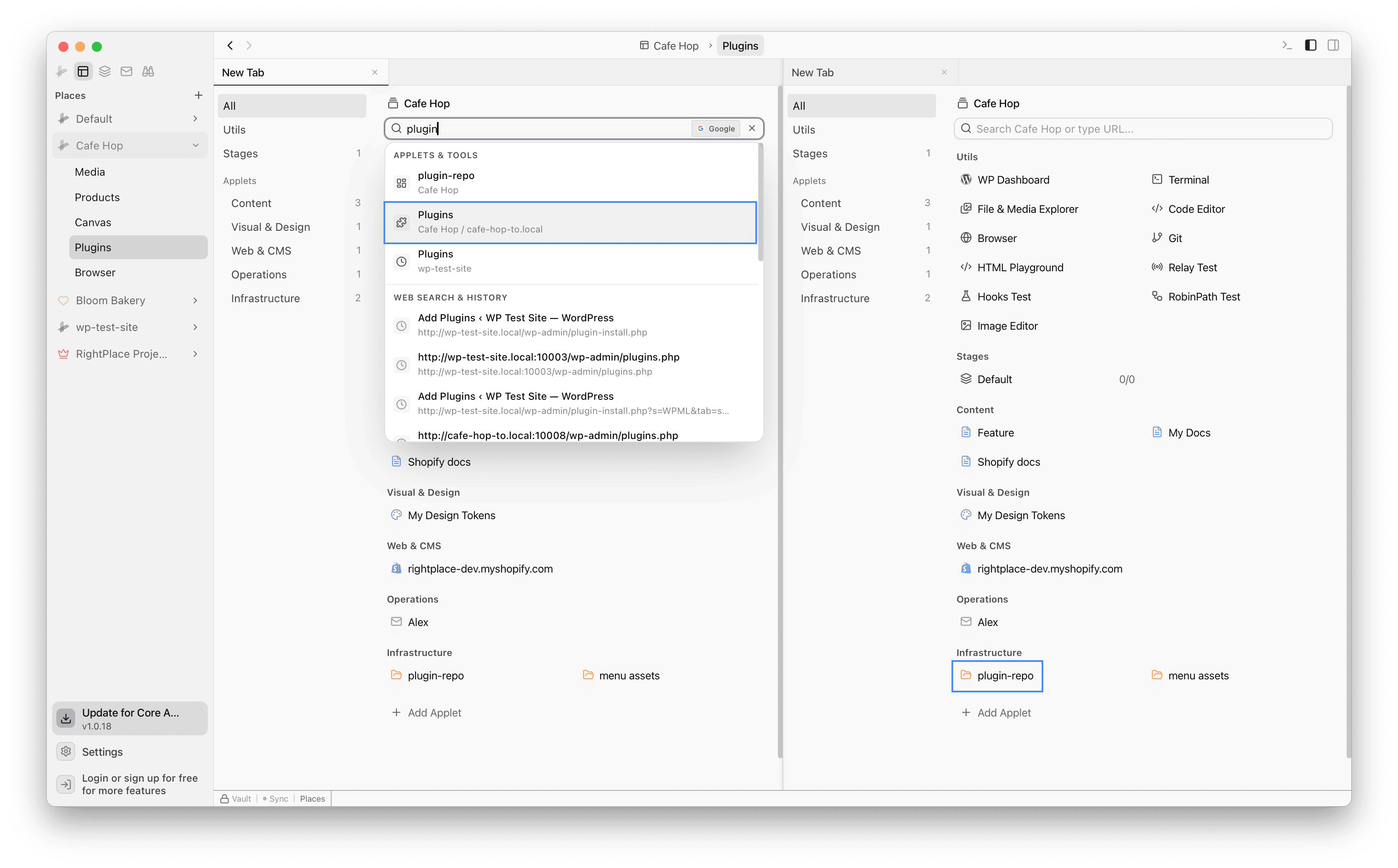 Searching for the Plugins page and the plugin-repo folder in the new tab dialog
