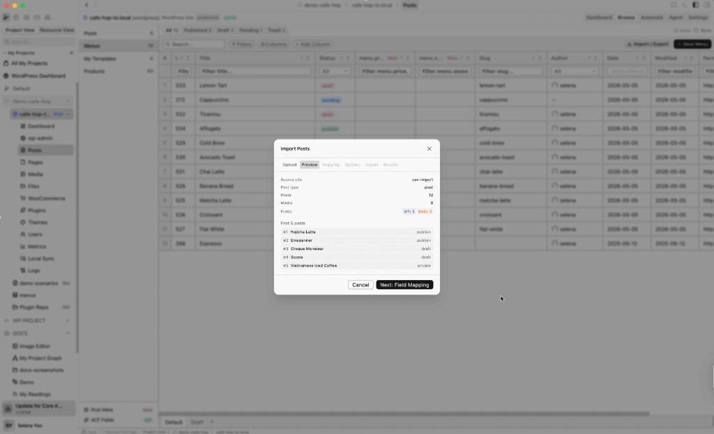 Import Posts wizard on Preview step showing post count and first five posts