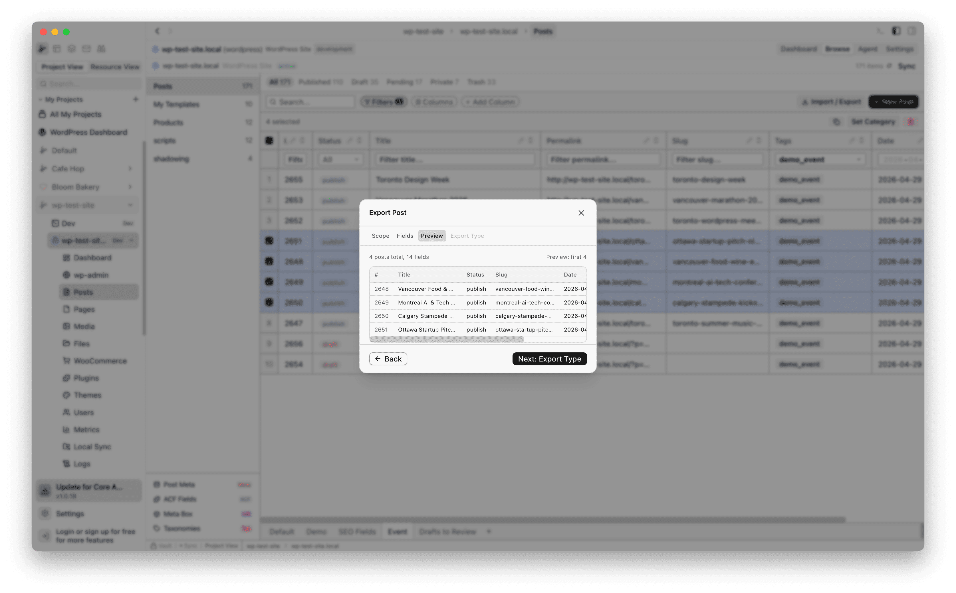 Export Post Preview tab showing 4 posts with Title, Status, Slug, and Date columns