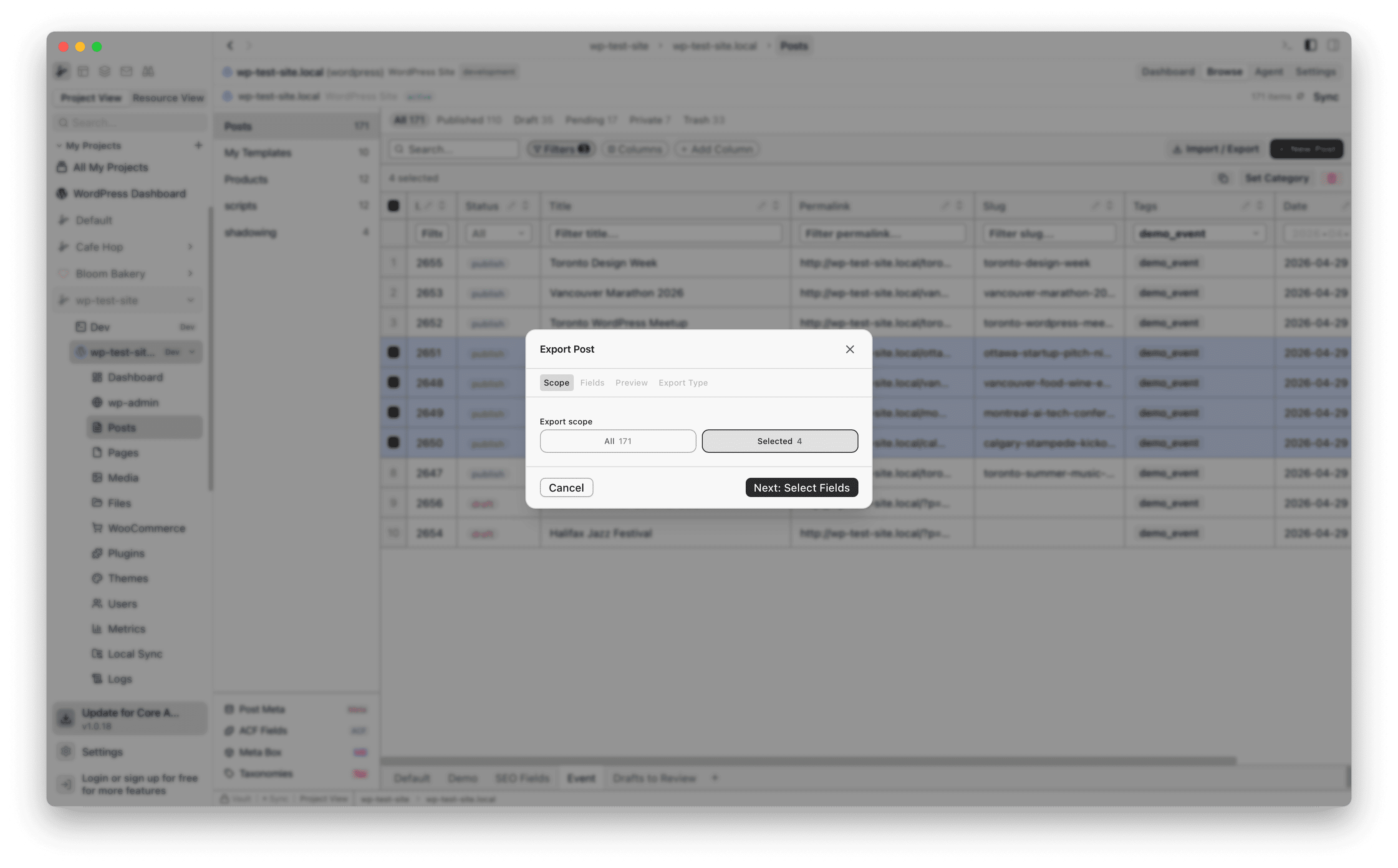 Export Post dialog on Scope tab showing Selected 4 option