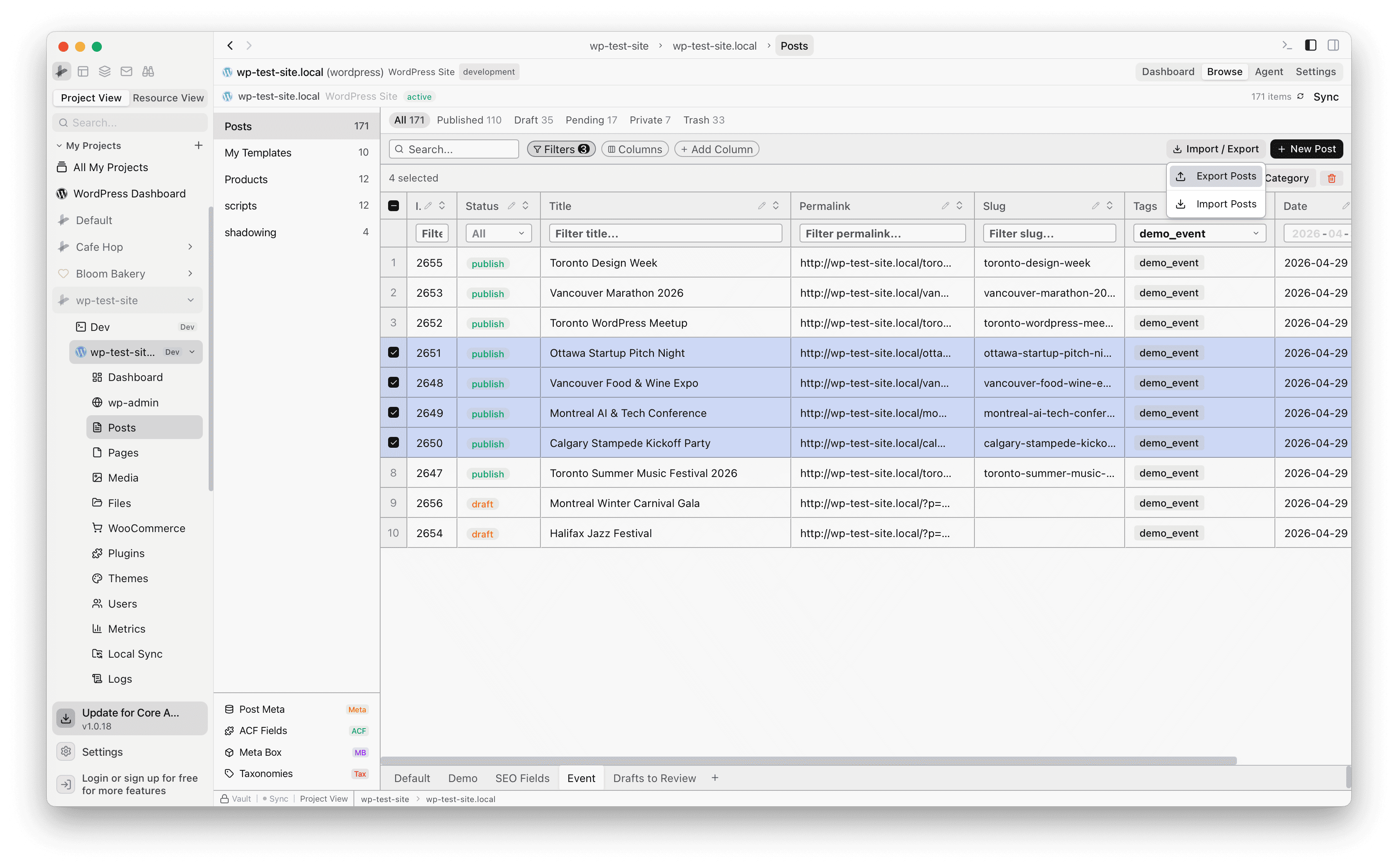 Posts table with 4 posts selected and the Export Posts option visible