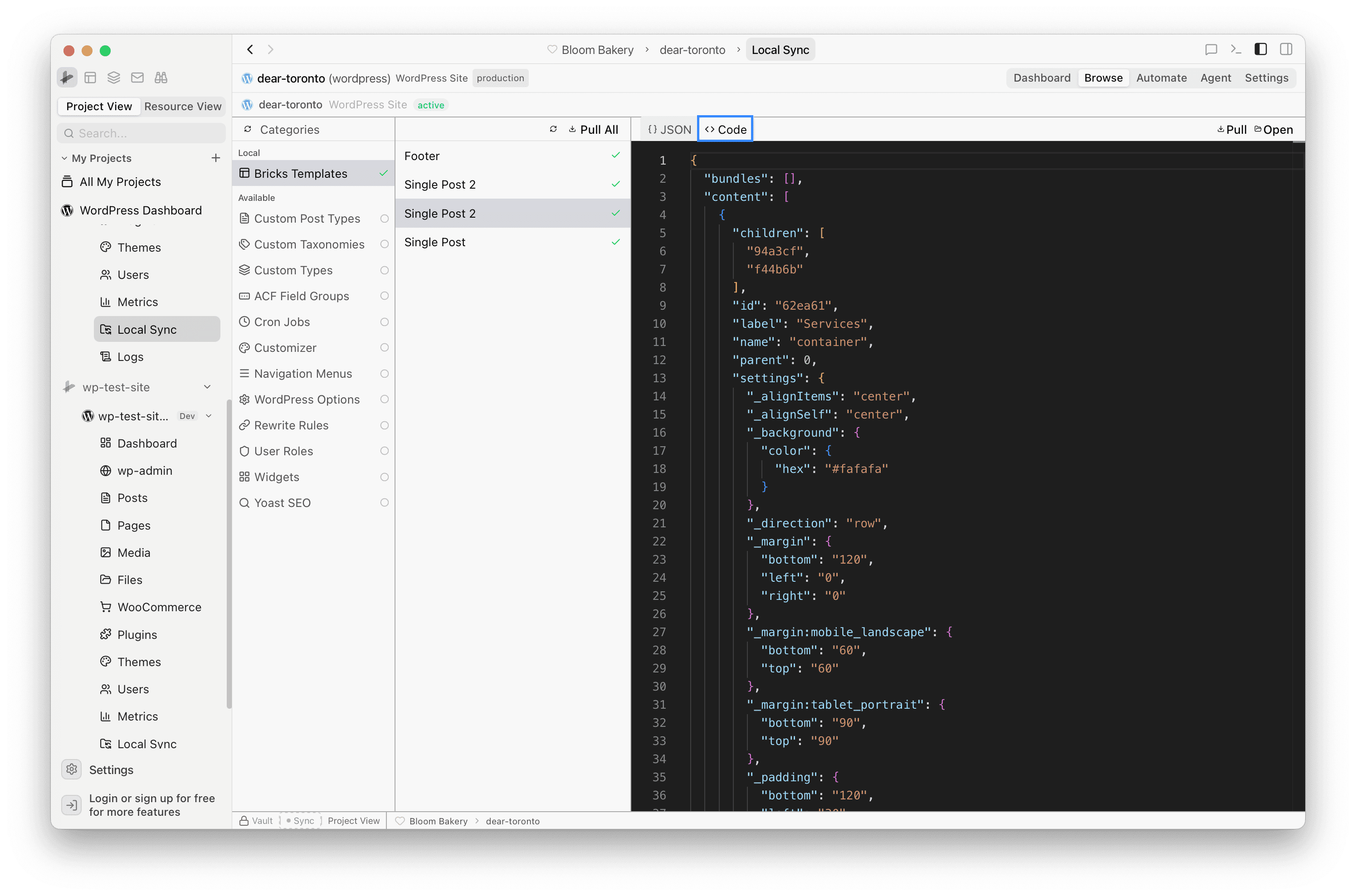 Code tab showing raw JSON source of the template