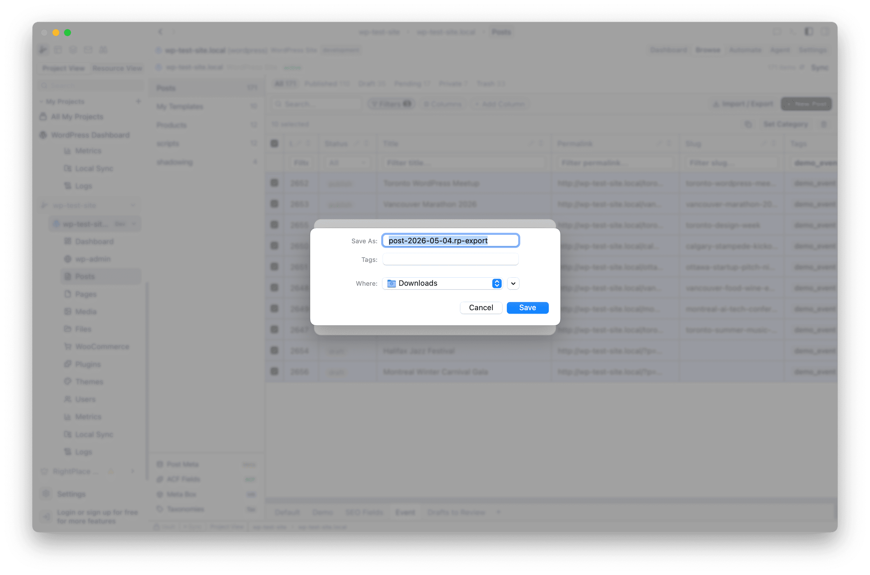 Save As dialog showing the .rp-export file