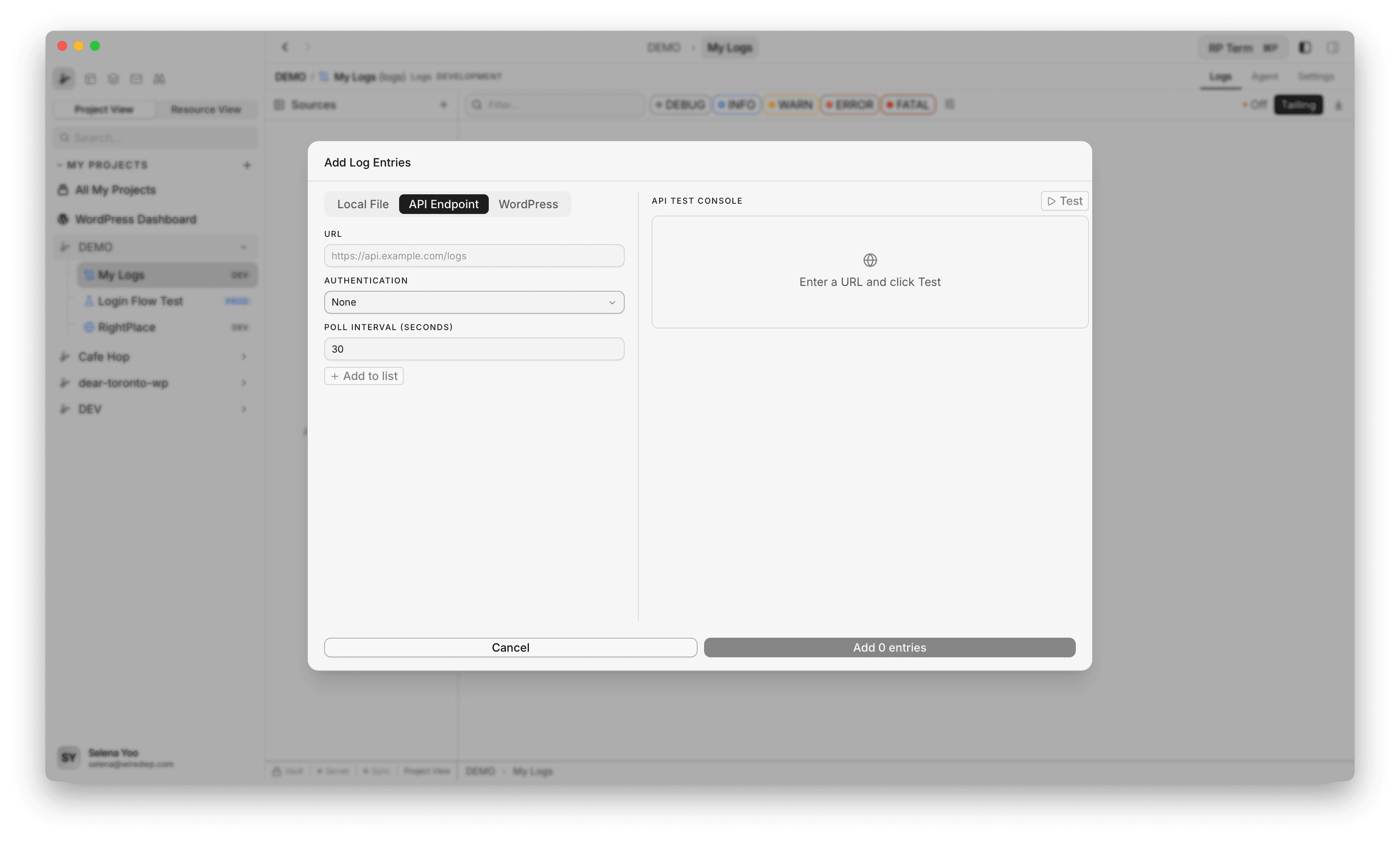 API Endpoint tab in Add Log Entries modal showing auth options and API Test Console output