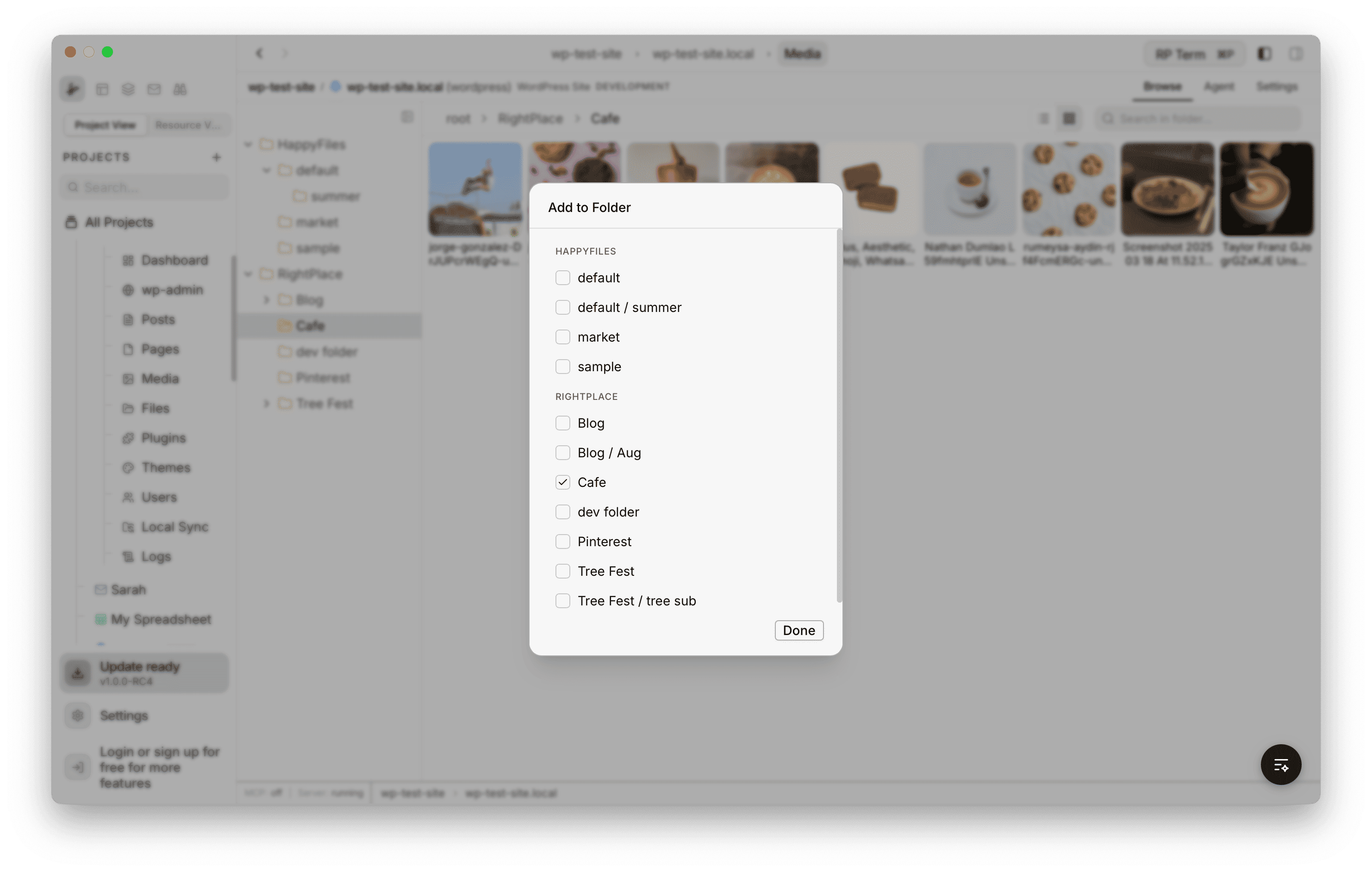 Add to Folder dialog showing HappyFiles and RightPlace folders with checkboxes for assigning a file