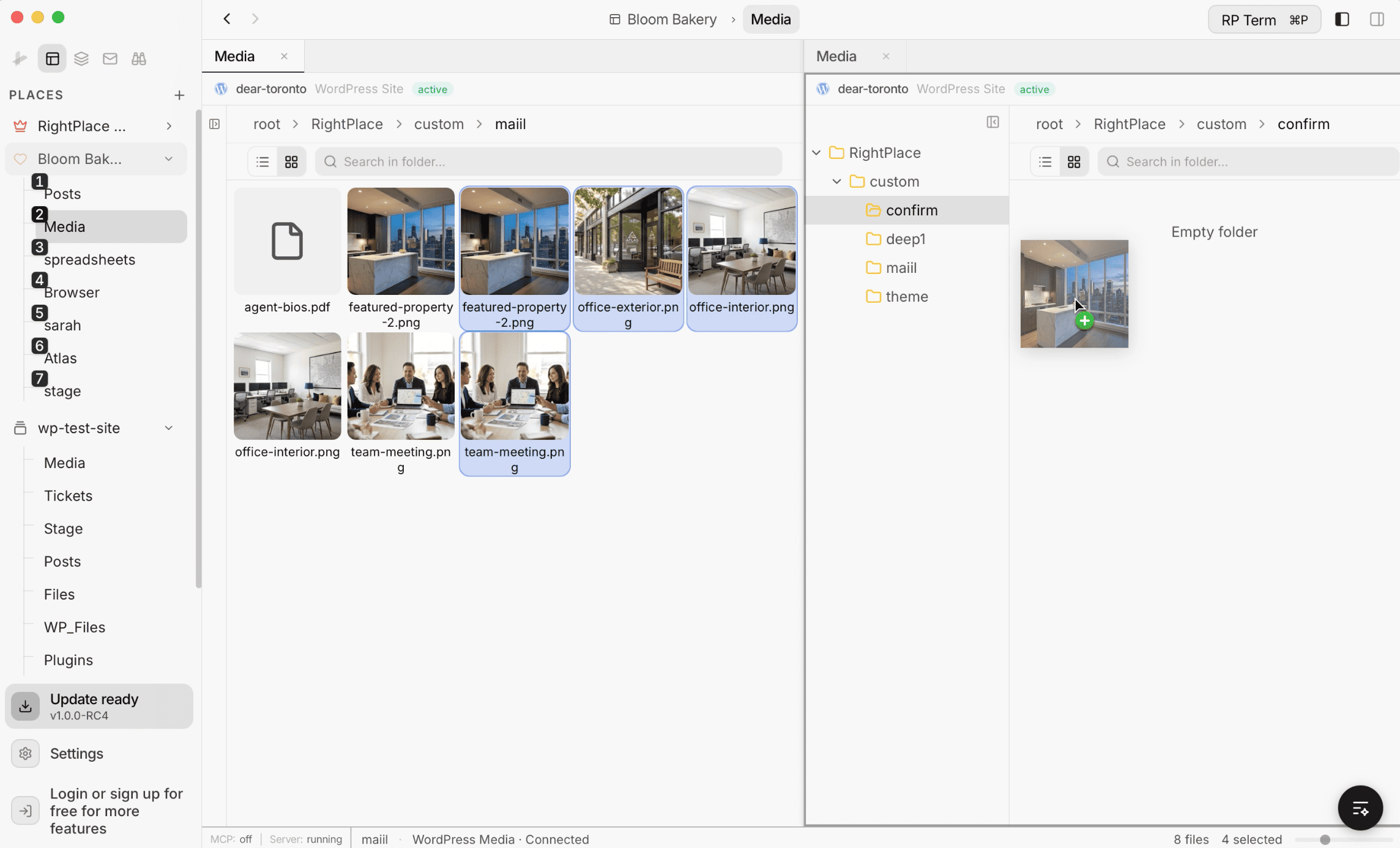 Two Media panes open side by side with files being dragged from one folder to another