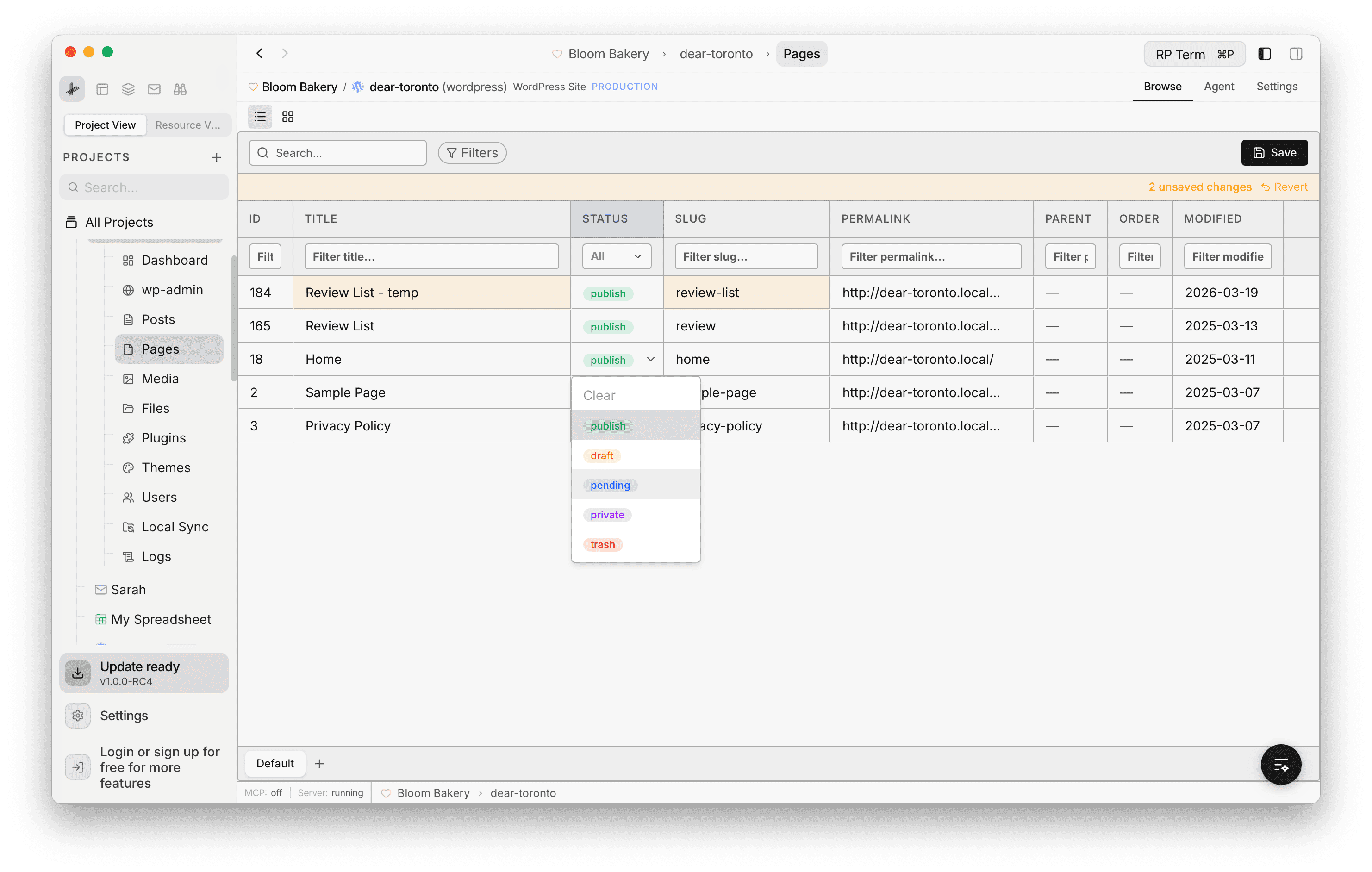 Inline editing a page status with a dropdown showing publish, draft, pending, private, and trash options