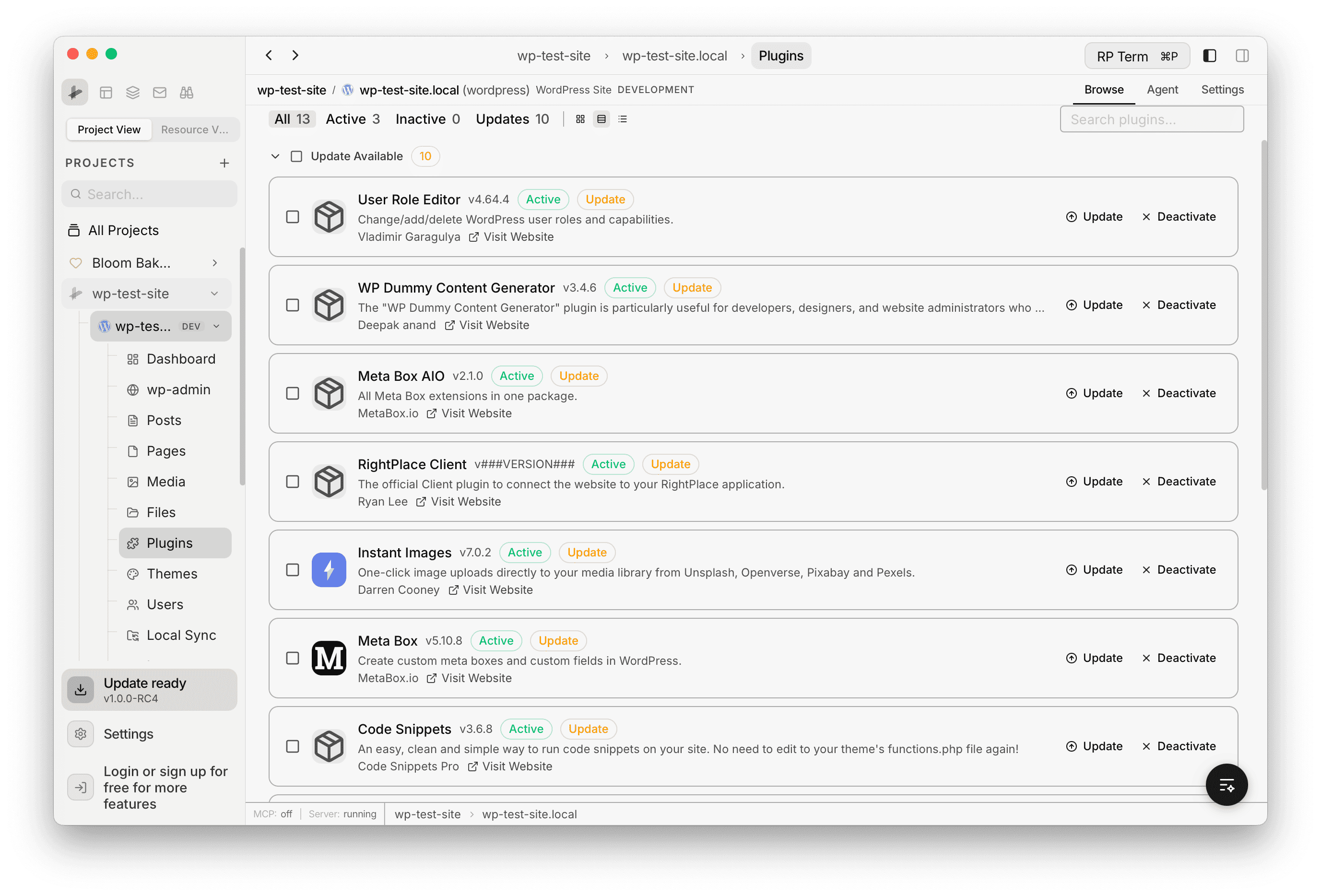 Plugins detailed list view showing plugin descriptions, authors, website links, and inline Update and Deactivate buttons