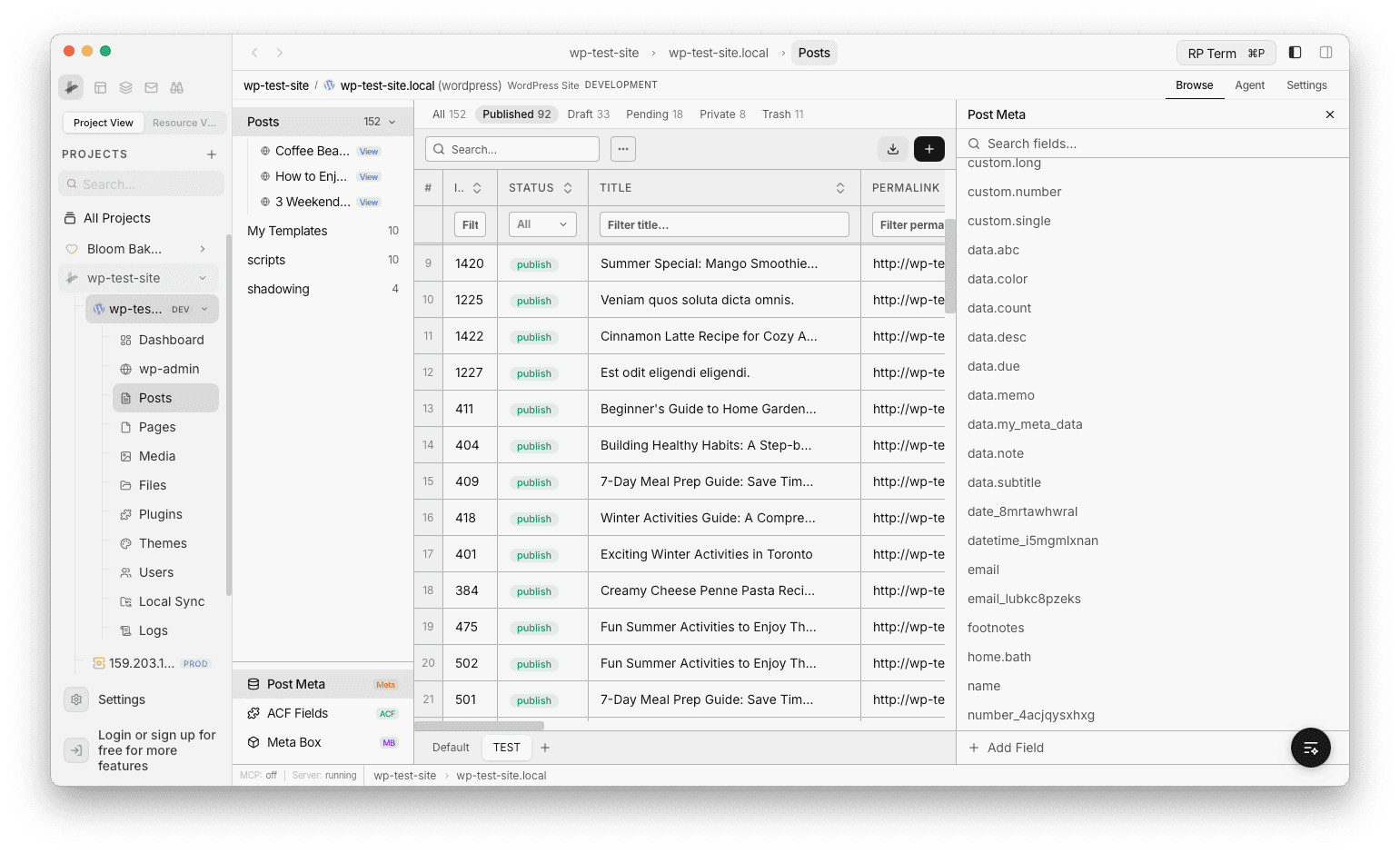 Post Meta panel showing a searchable list of all post meta keys