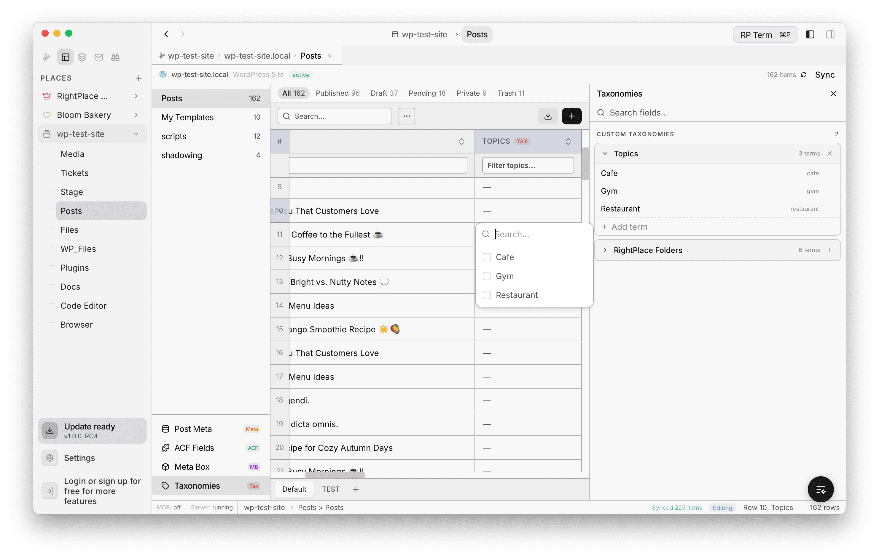 Custom taxonomies panel showing Topics taxonomy with terms, and a taxonomy column in the table with a searchable term picker