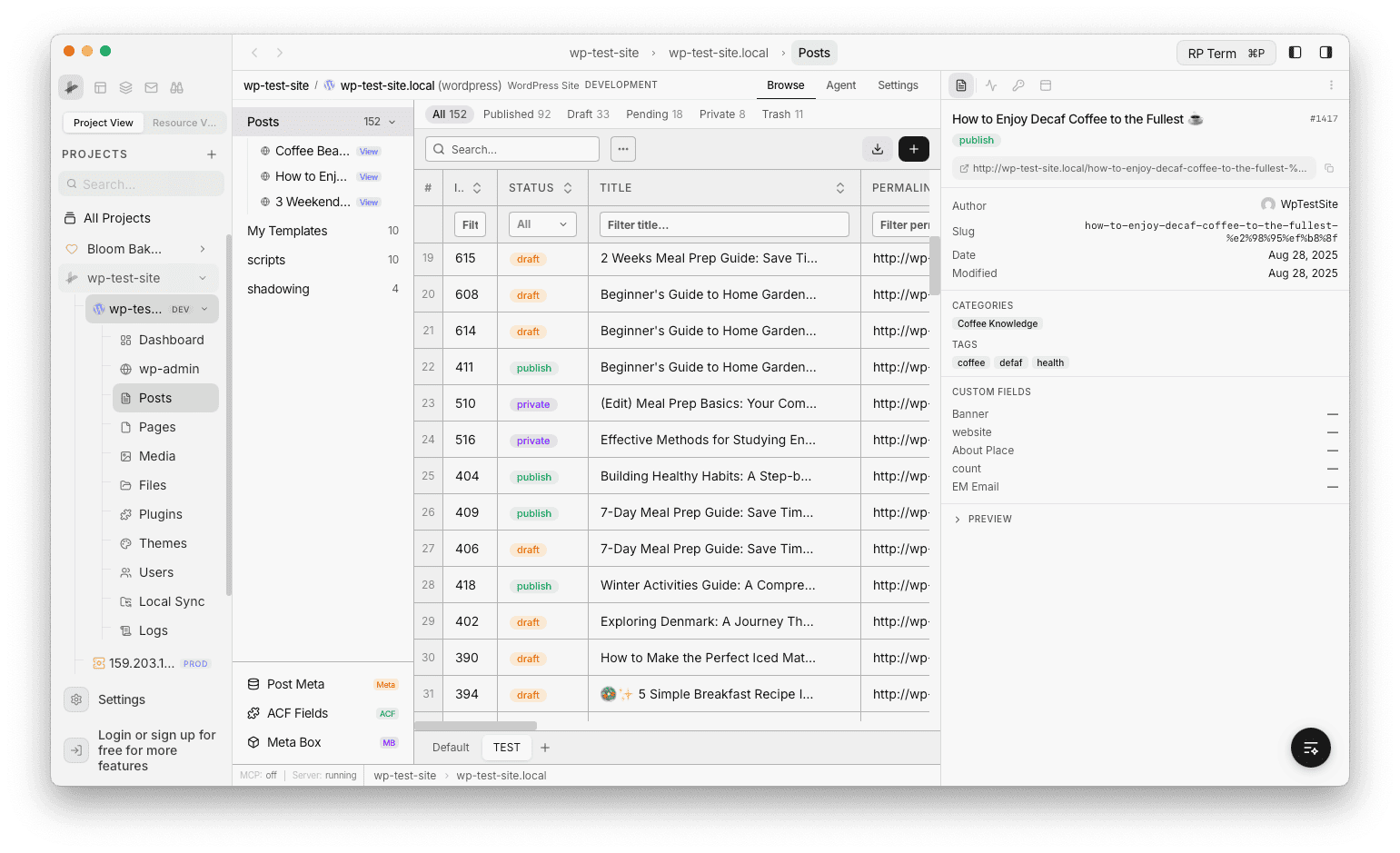 Post detail widget panel showing metadata, taxonomies, custom fields, and preview