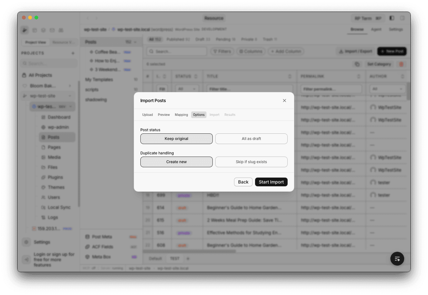 Import options for post status and duplicate handling