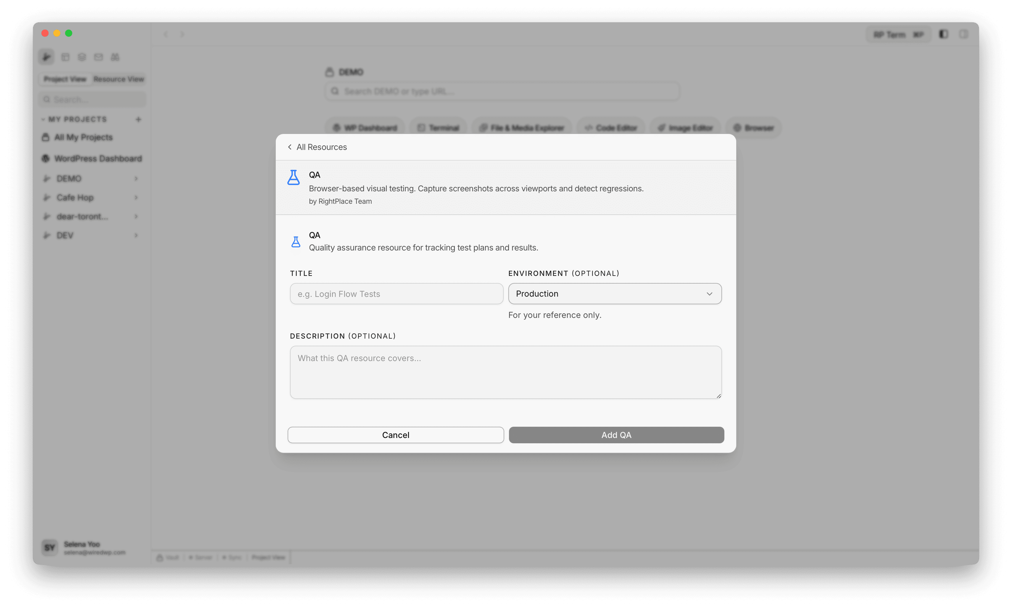 QA add form modal focused on Title, Environment, and optional Description fields before creating the resource