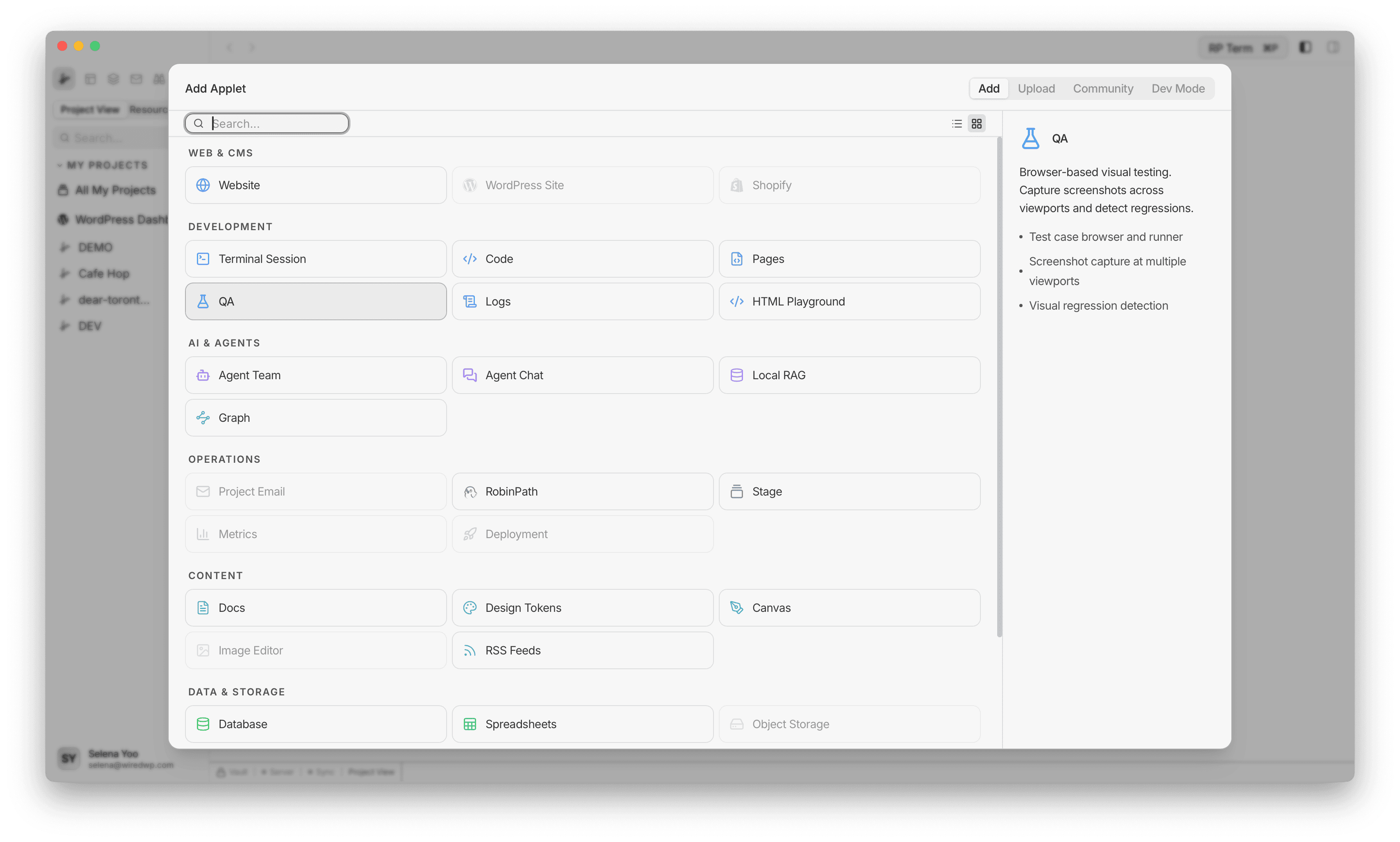 Add Resource dialog showing QA selected under Development with Title, Environment, and Description fields