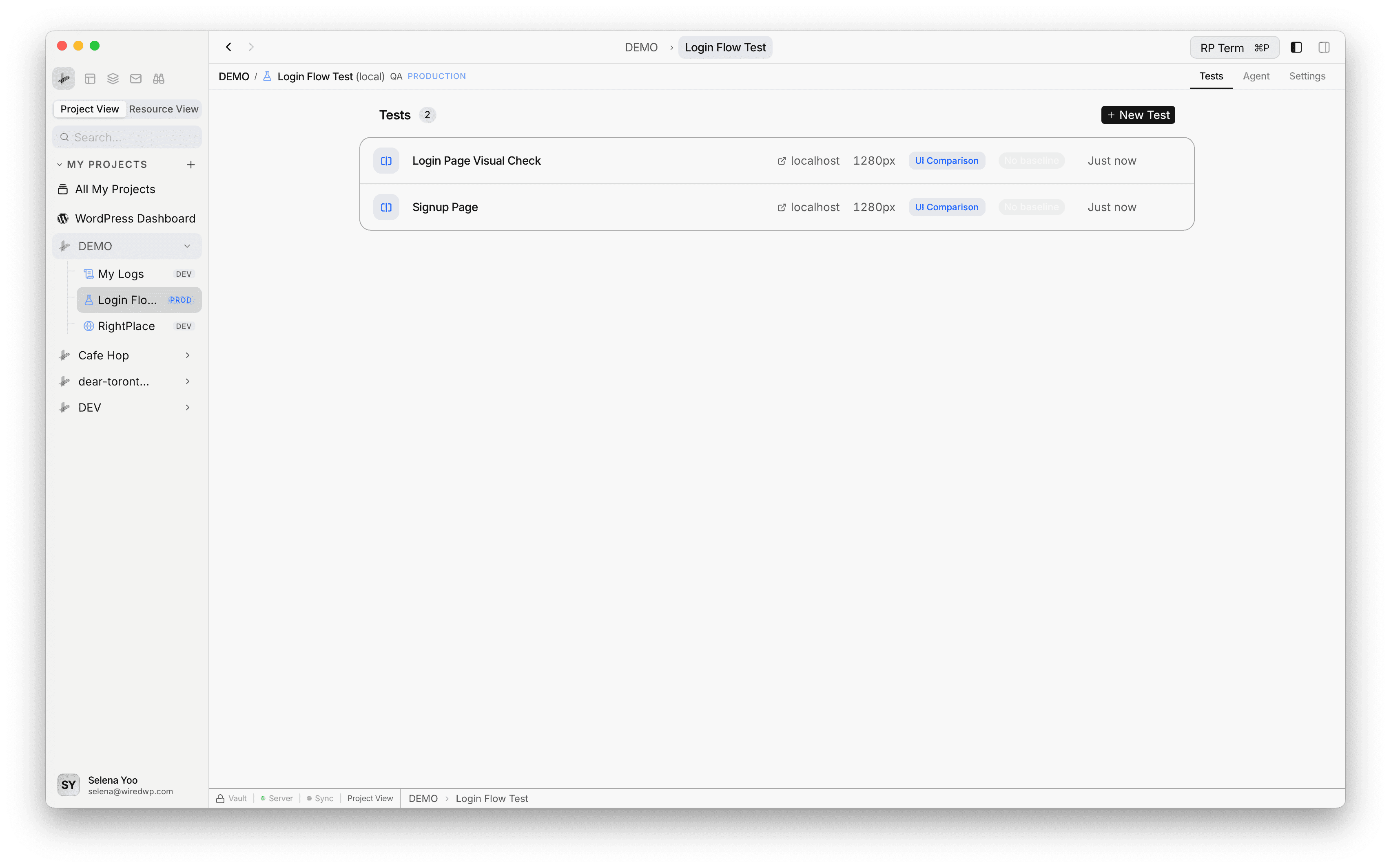 QA Tests list view showing test rows, status badges, Run All button, and New Test action