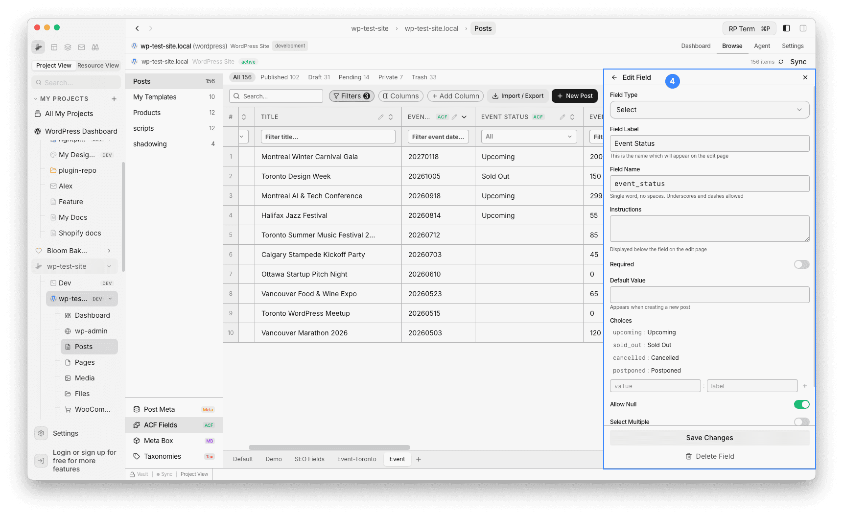 Edit Field panel showing Event Status Select field with editable settings