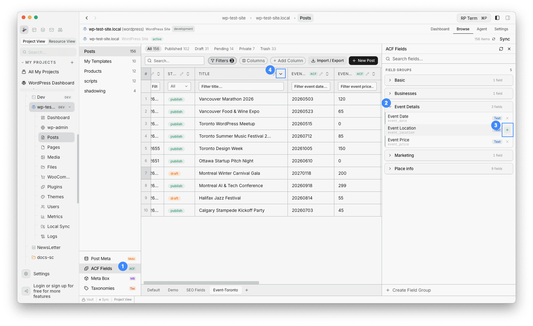ACF Event Details field group with event_date, event_location, event_price columns added to the table