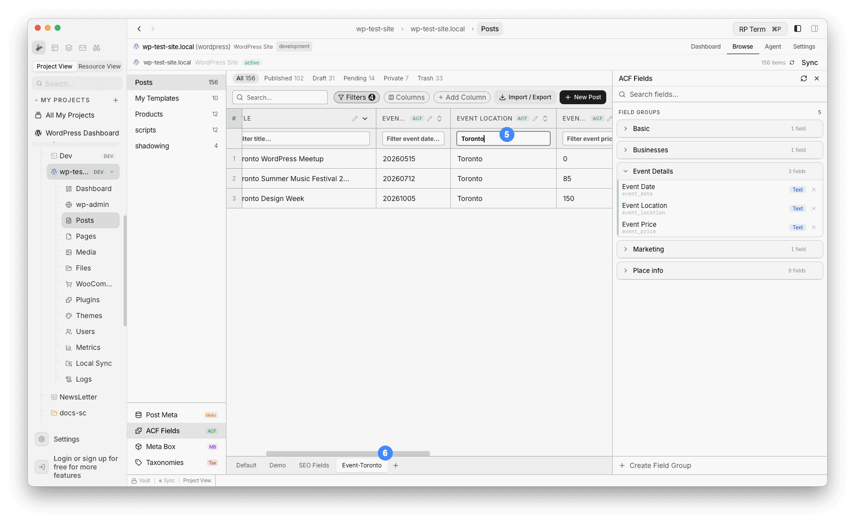 Posts table filtered by event_location Toronto with Event-Toronto view tab