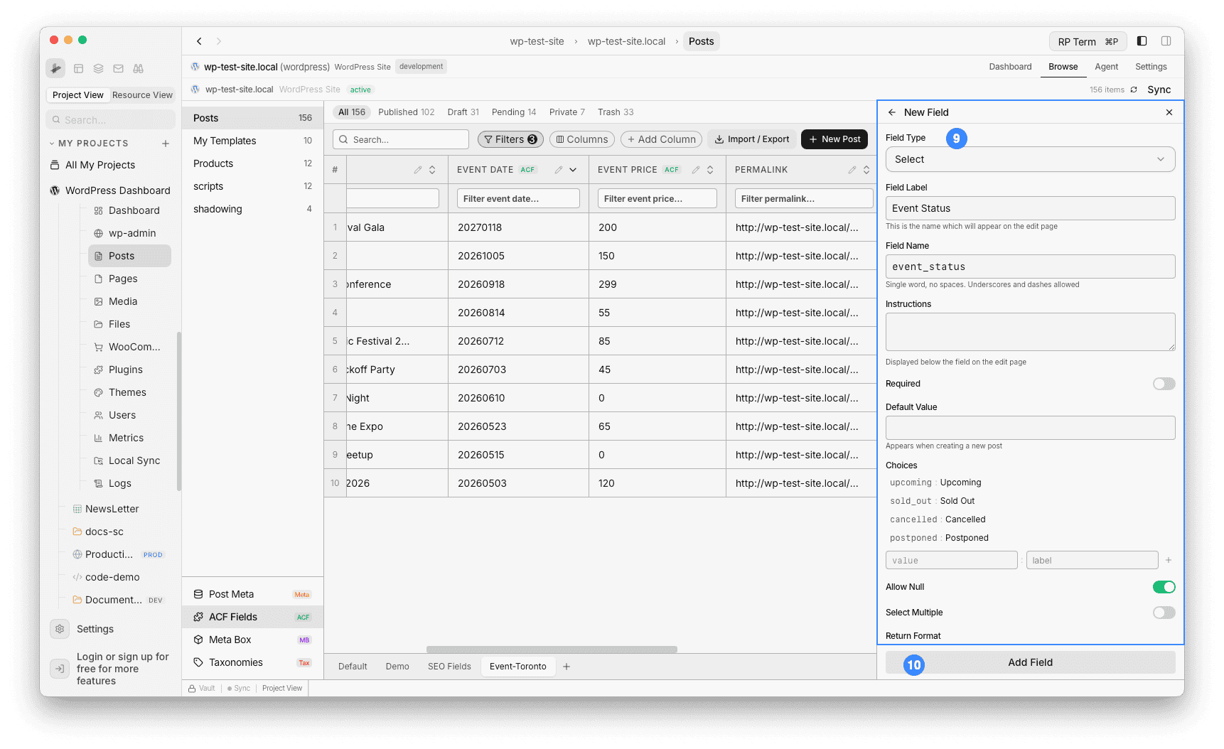 New Field form with Select type, Event Status label, and four choices