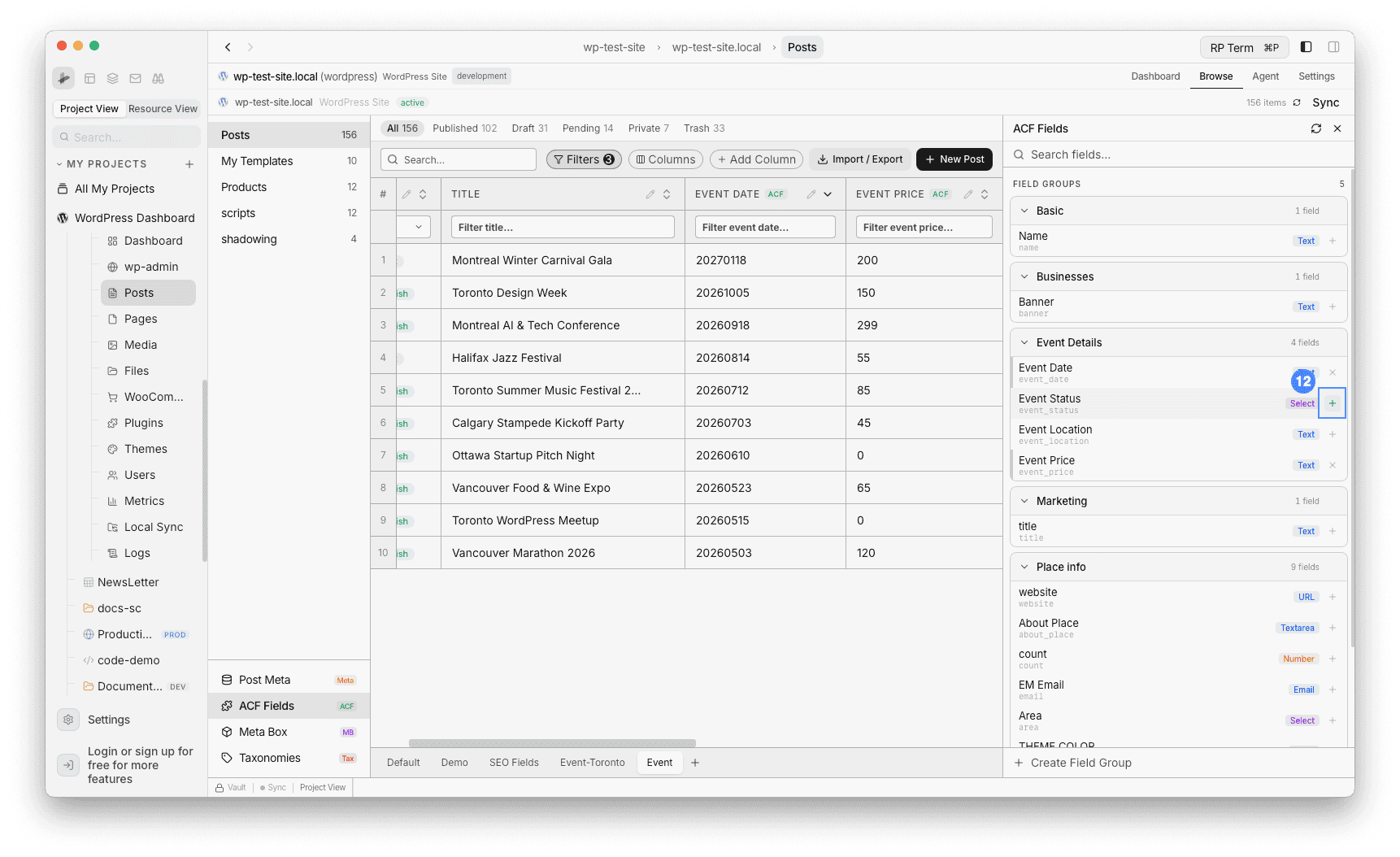 ACF Fields panel showing Event Status field with Select badge and + button