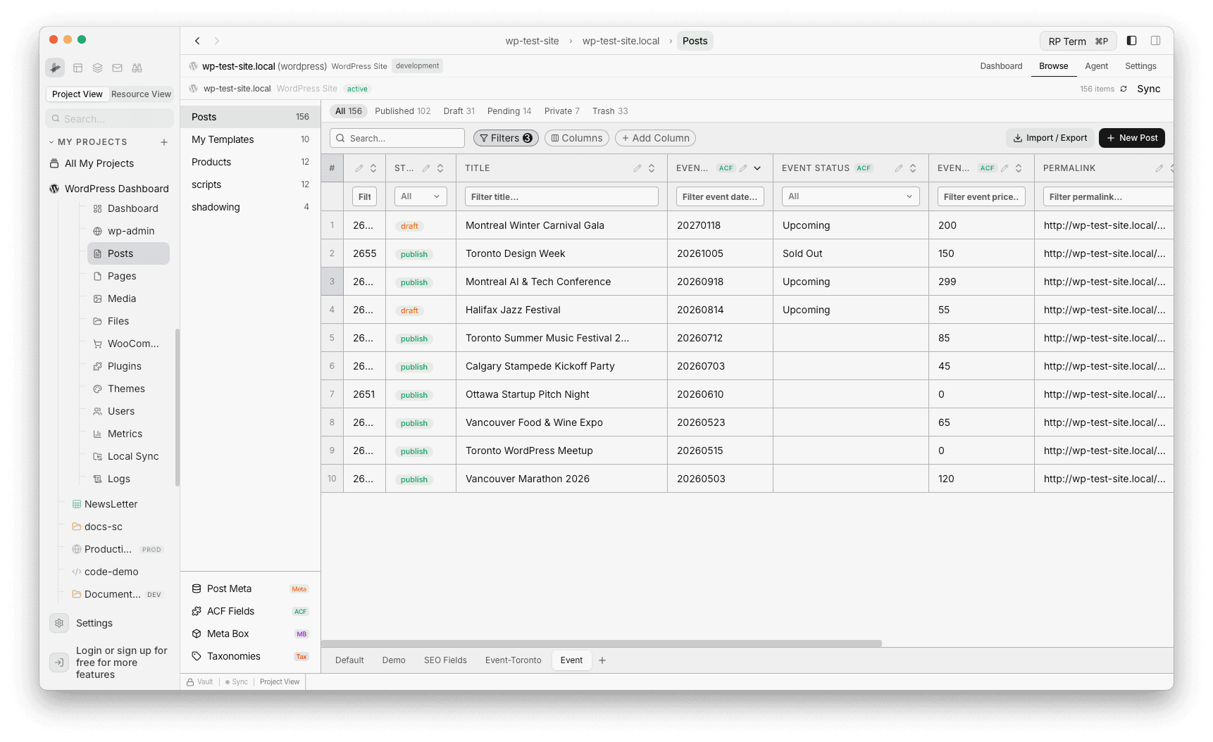 Final Posts table with Event Date, Event Status, Event Price columns and status values filled in