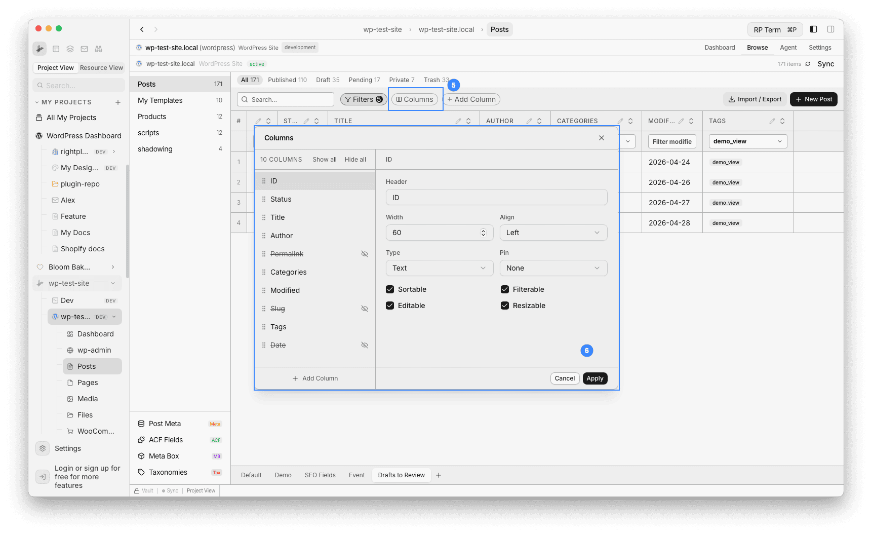 Columns manager dialog showing column list with visibility toggles and column settings