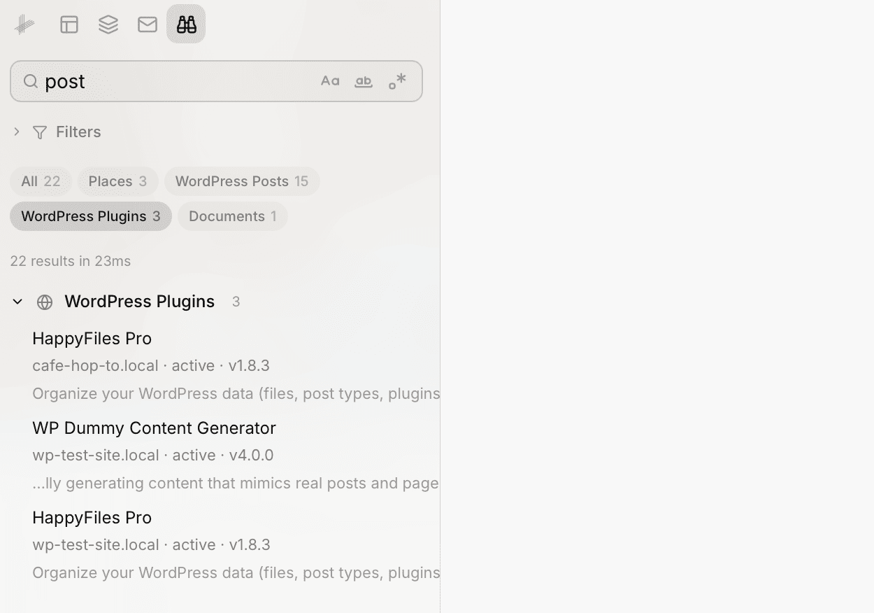 Search results filtered to WordPress Plugins, showing plugin names, site and version info, and description snippets