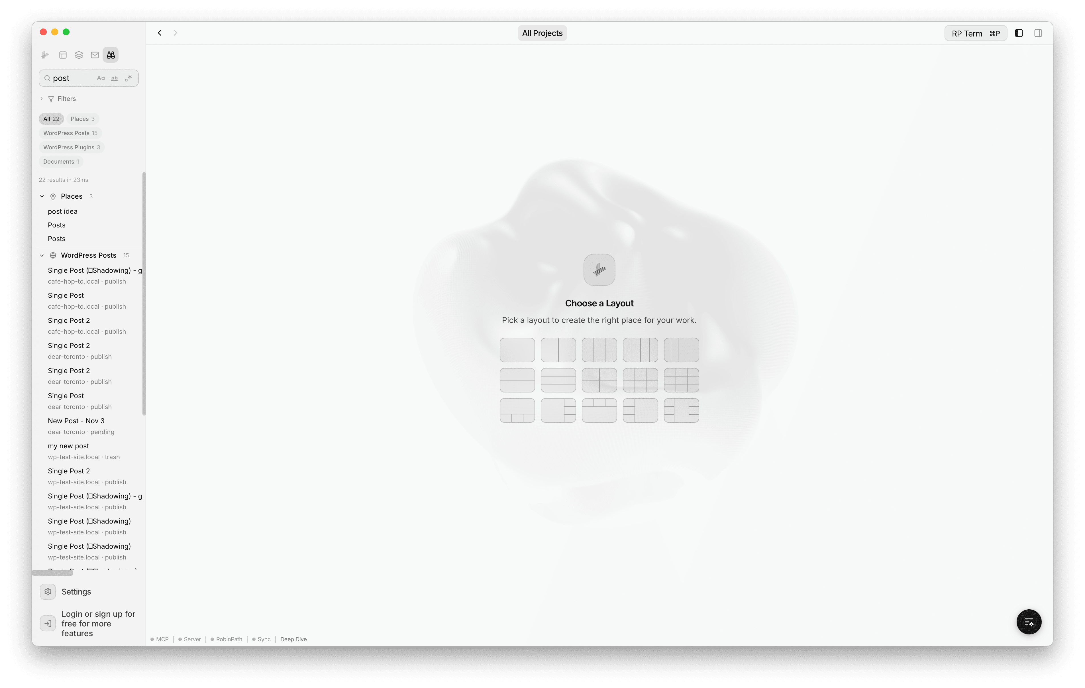 Global Search sidebar showing the search input with modifier toggles, category pills, and results grouped by Places and WordPress Posts