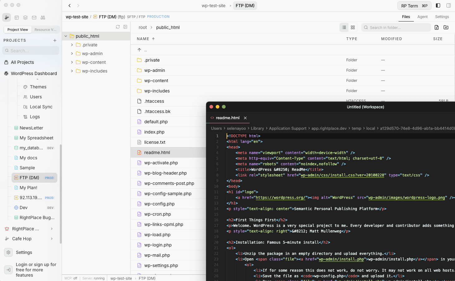 File browser with a readme.html file opened in an external editor, showing the HTML source code with syntax highlighting