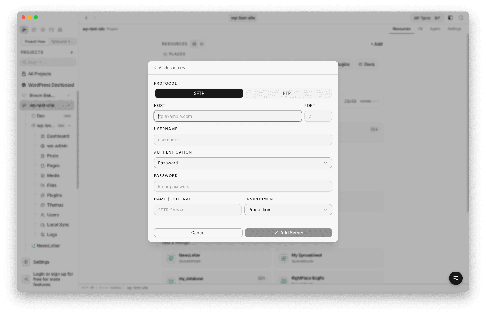 SFTP creation form with SFTP tab selected, showing Host, Port, Username, Authentication dropdown set to Password, Password field, Name, and Environment