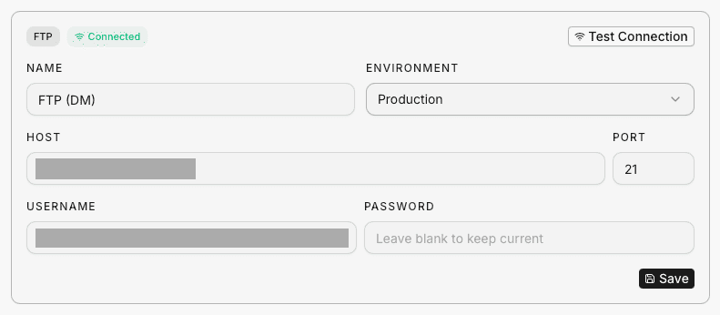 Connection settings showing FTP protocol badge with green Connected status, Test Connection button, and fields for Name, Environment, Host, Port, Username, and Password with a Save button
