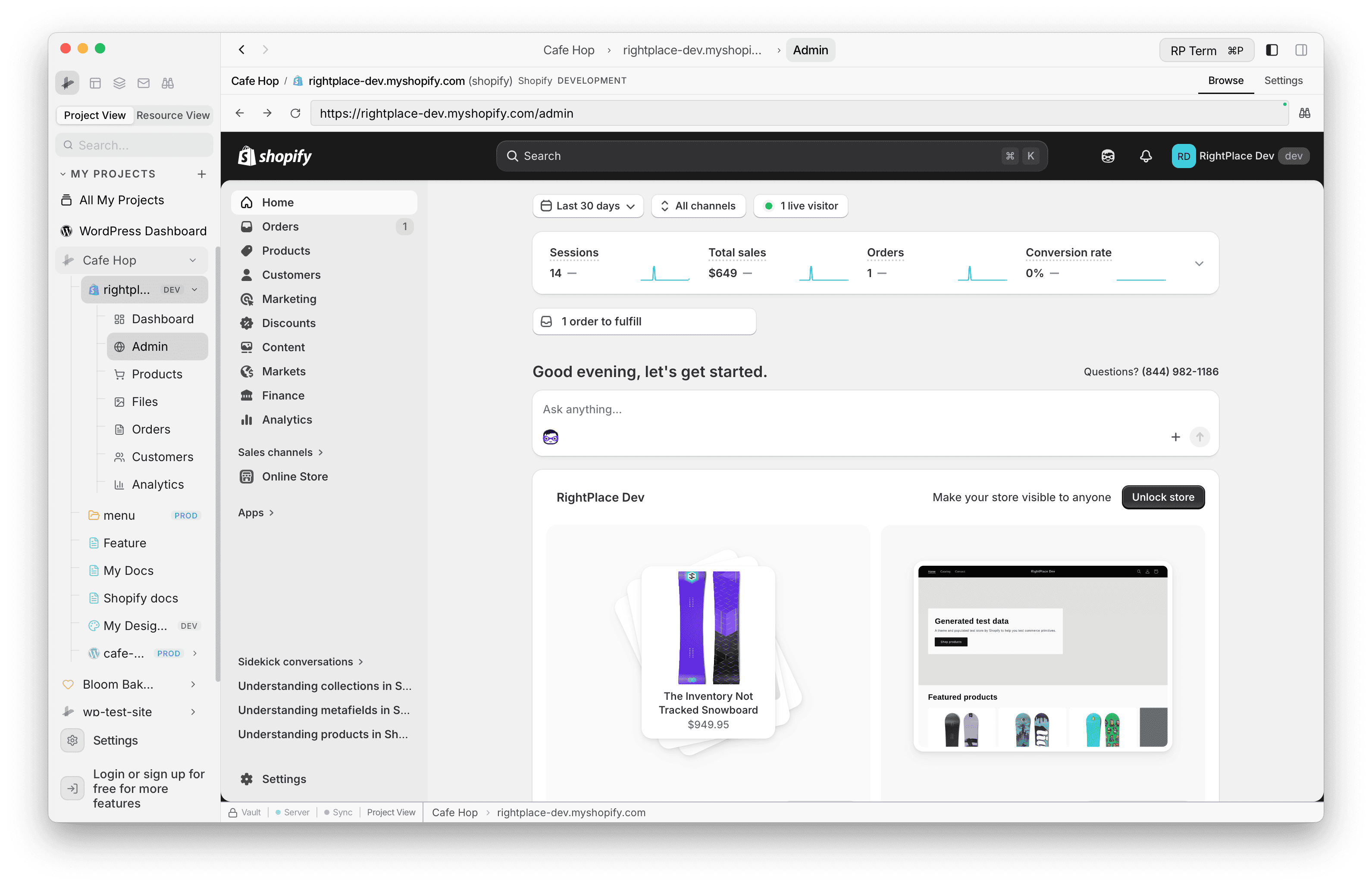 Shopify Admin embedded in RightPlace with store home and metrics