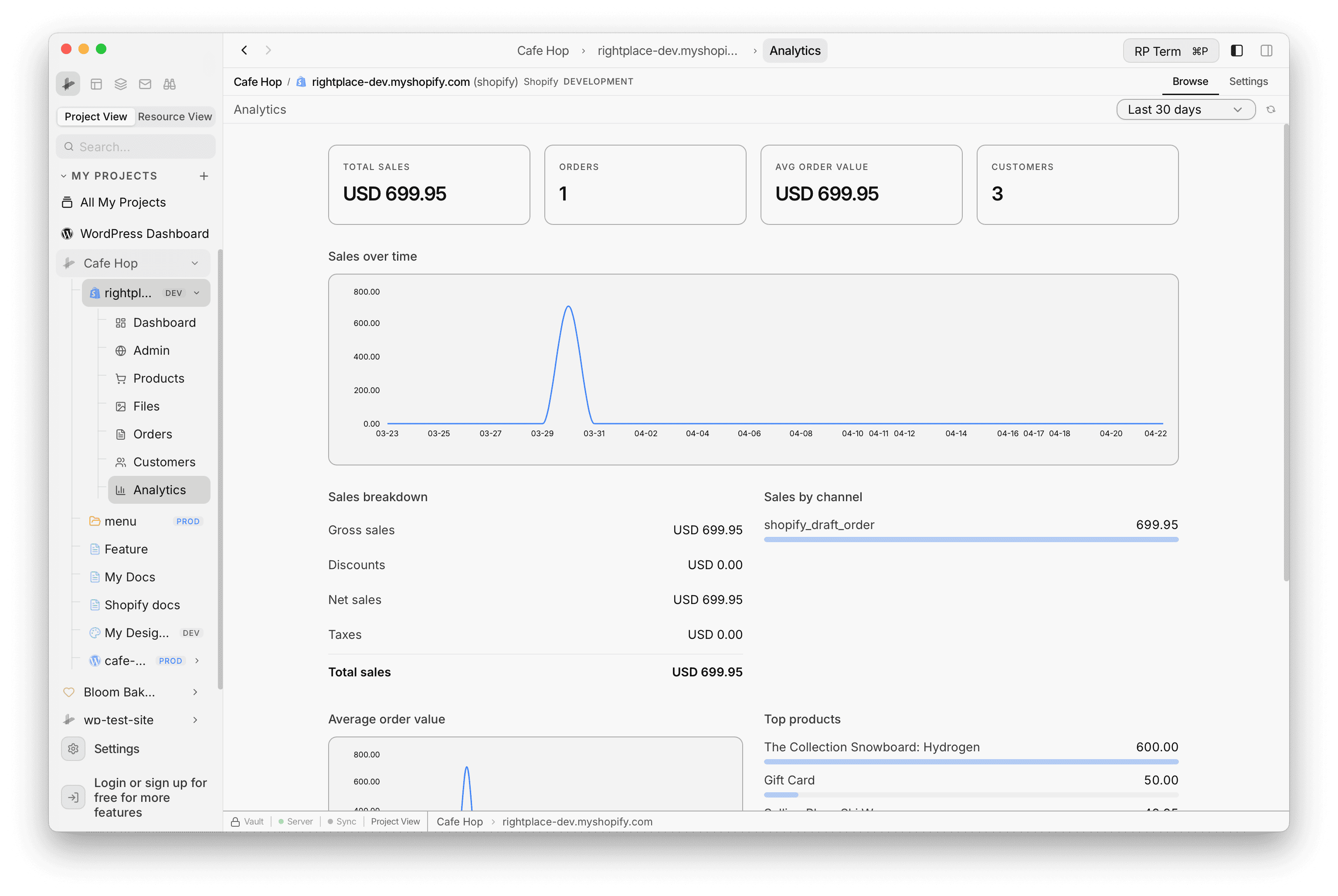 Shopify Analytics with date range, KPI cards, sales over time, breakdowns, and top products
